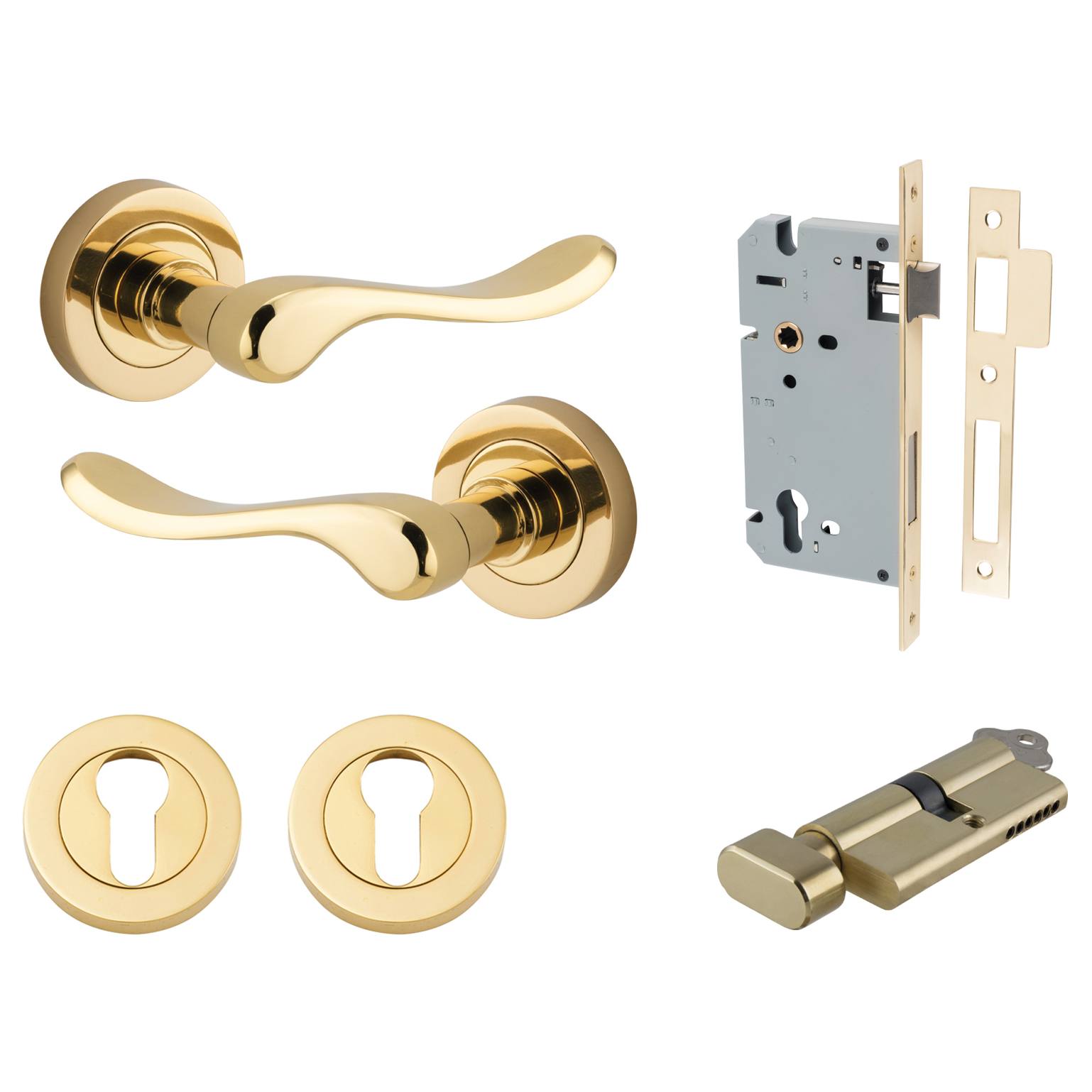 Stirling Lever Round Rose Entrance Kit w Separate High Security Lock Polished Brass