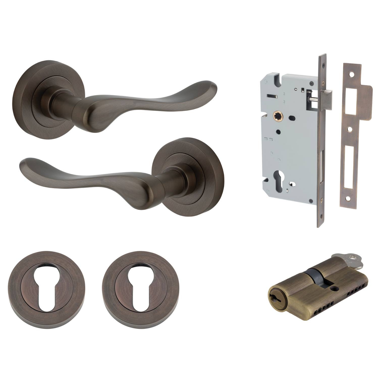 Stirling Lever Round Rose Entrance Kit w Separate High Security Lock Signature Brass