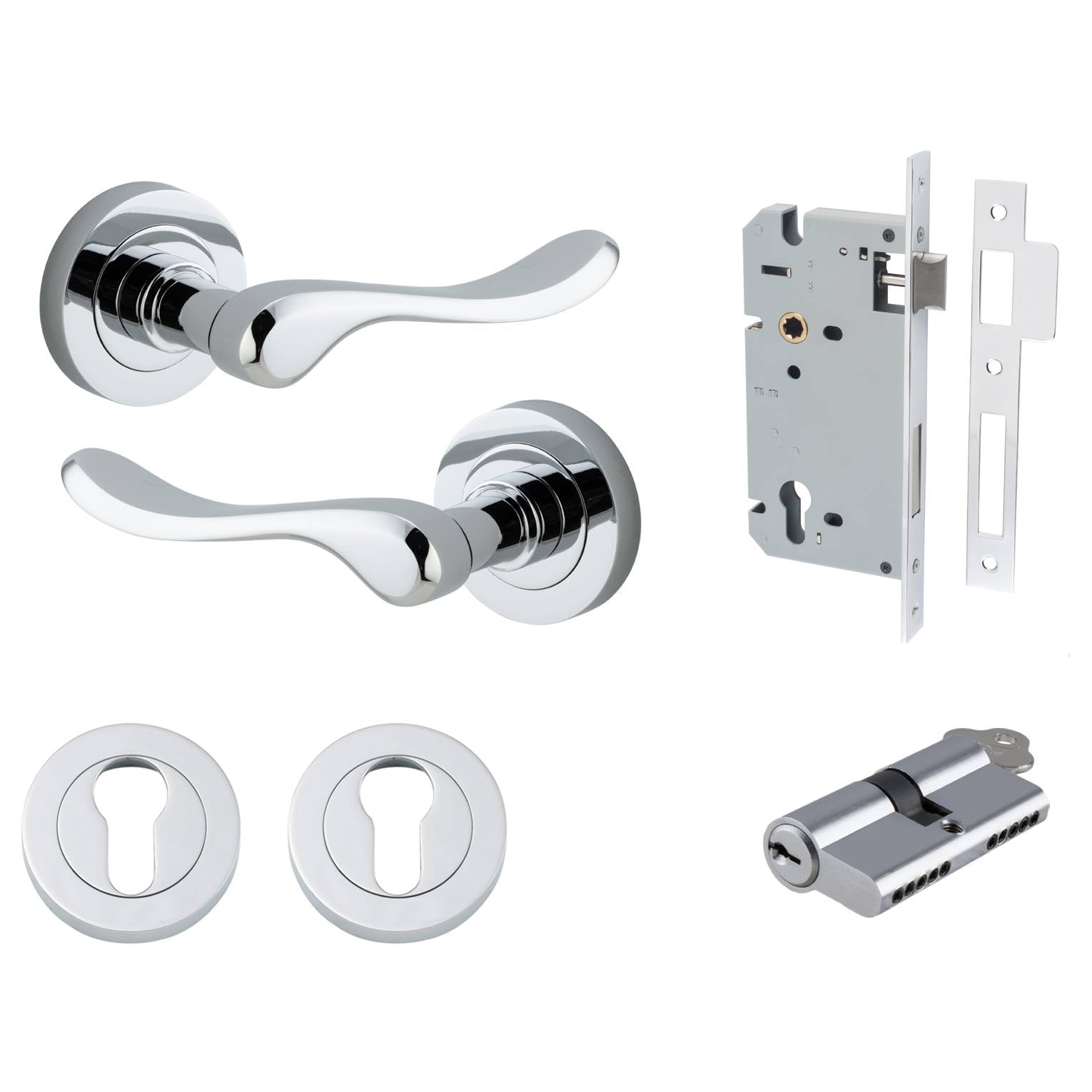 Stirling Lever Round Rose Entrance Kit w Separate High Security Lock Polished Chrome