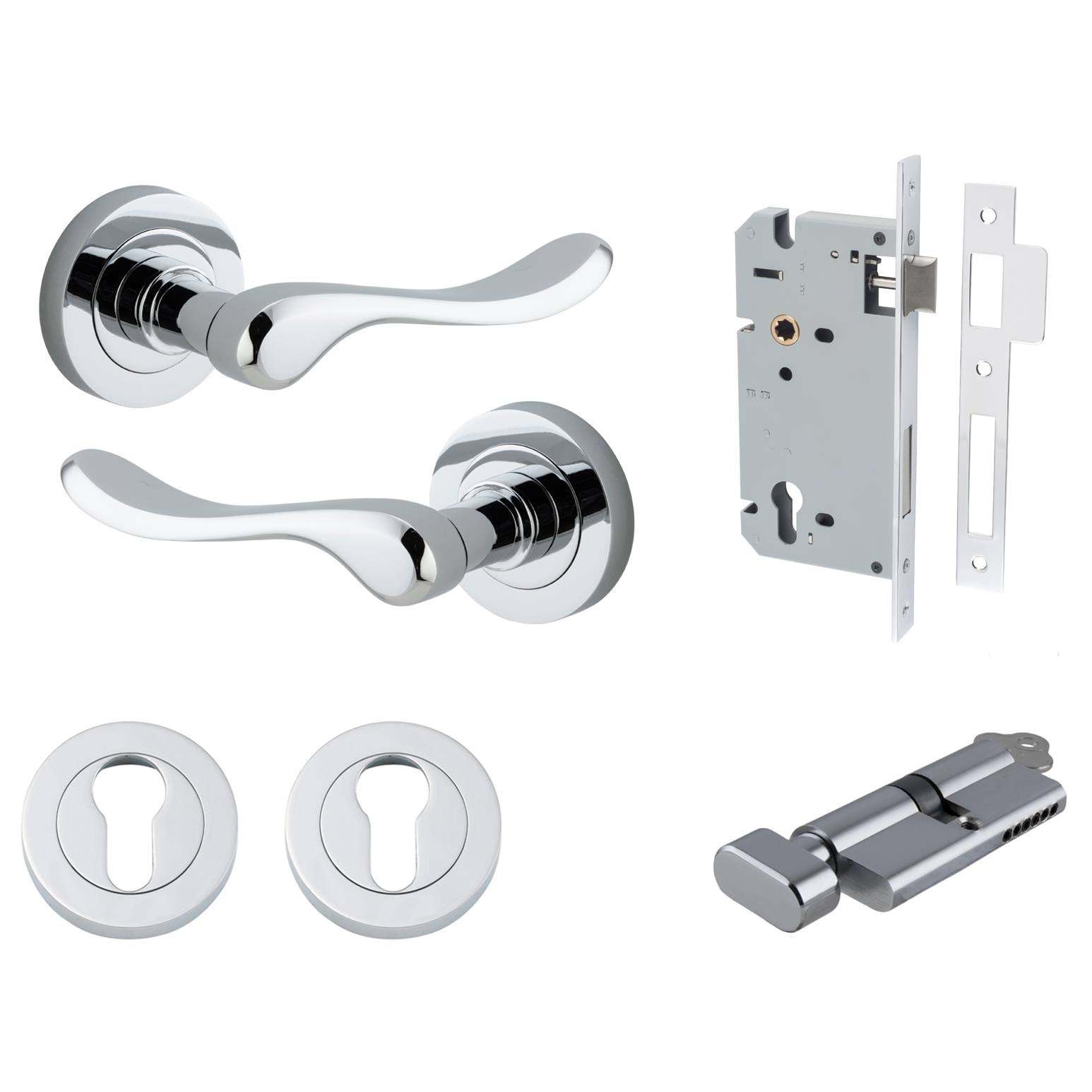 Stirling Lever Round Rose Entrance Kit w Separate High Security Lock Polished Chrome