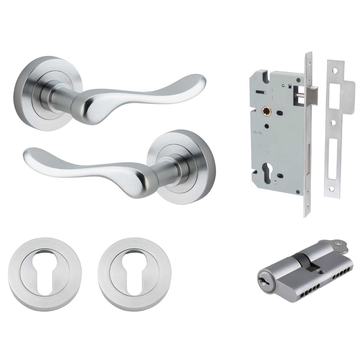 Stirling Lever Round Rose Entrance Kit w Separate High Security Lock Brushed Chrome