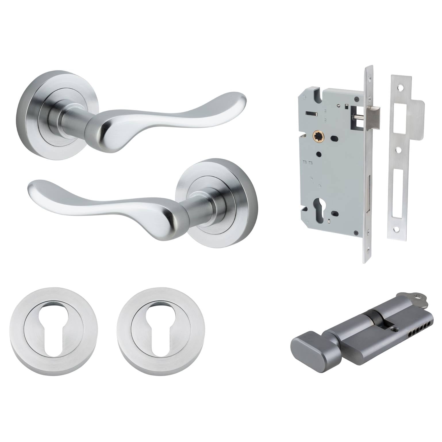 Stirling Lever Round Rose Entrance Kit w Separate High Security Lock Brushed Chrome