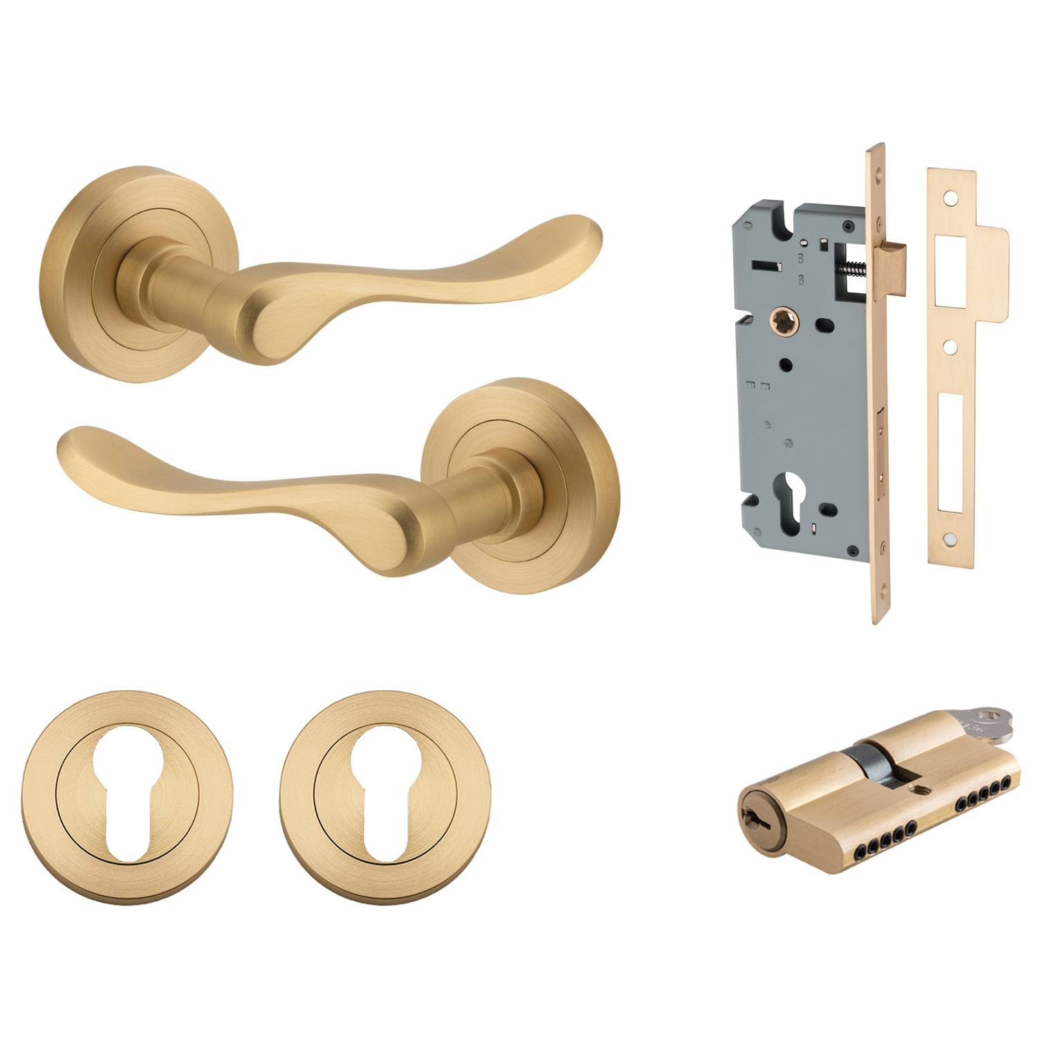 Stirling Lever Round Rose Entrance Kit w Separate High Security Lock Brushed Brass