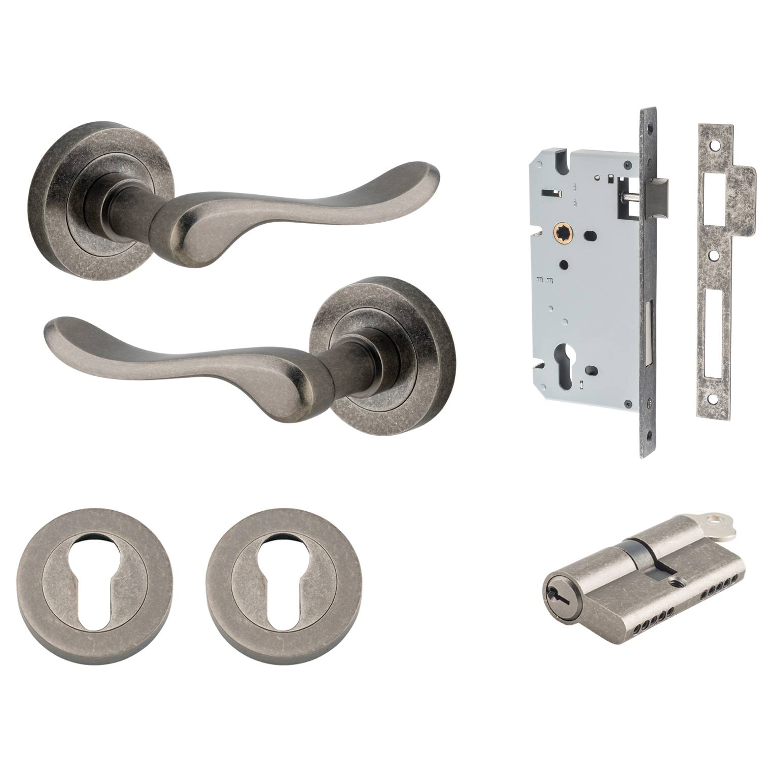 Stirling Lever Round Rose Entrance Kit w Separate High Security Lock Distressed Nickel