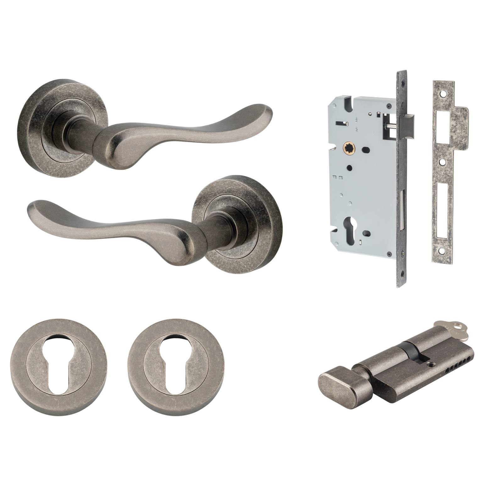 Stirling Lever Round Rose Entrance Kit w Separate High Security Lock Distressed Nickel