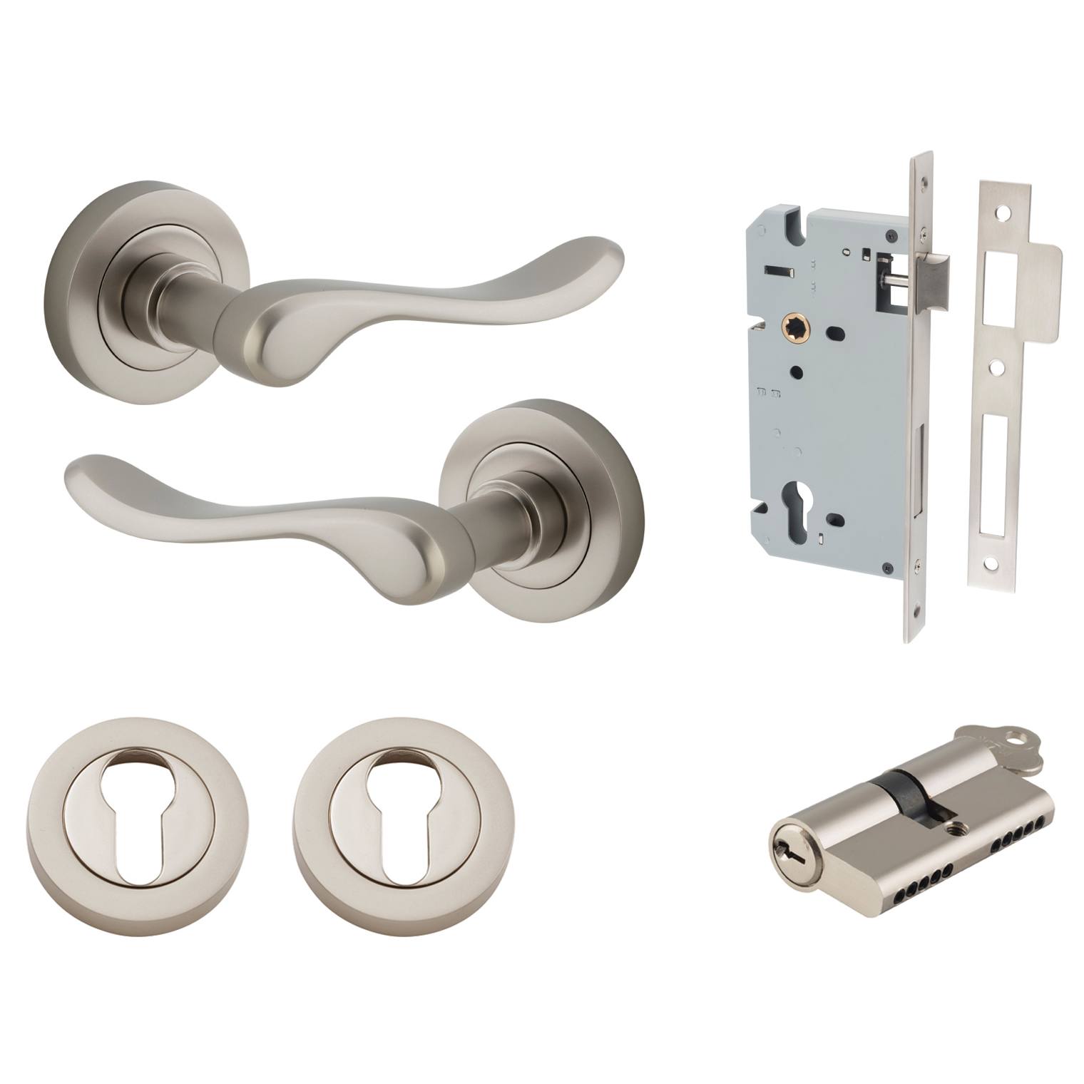 Stirling Lever Round Rose Entrance Kit w Separate High Security Lock Satin Nickel