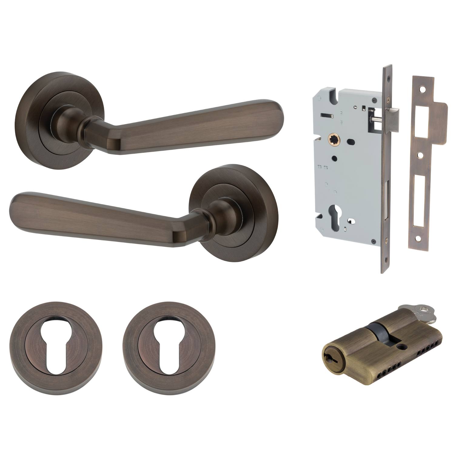 Copenhagen Lever Round Rose Entrance Kit w Separate High Security Lock Signature Brass