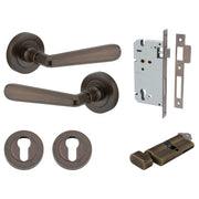 Copenhagen Lever Round Rose Entrance Kit w Separate High Security Lock Signature Brass
