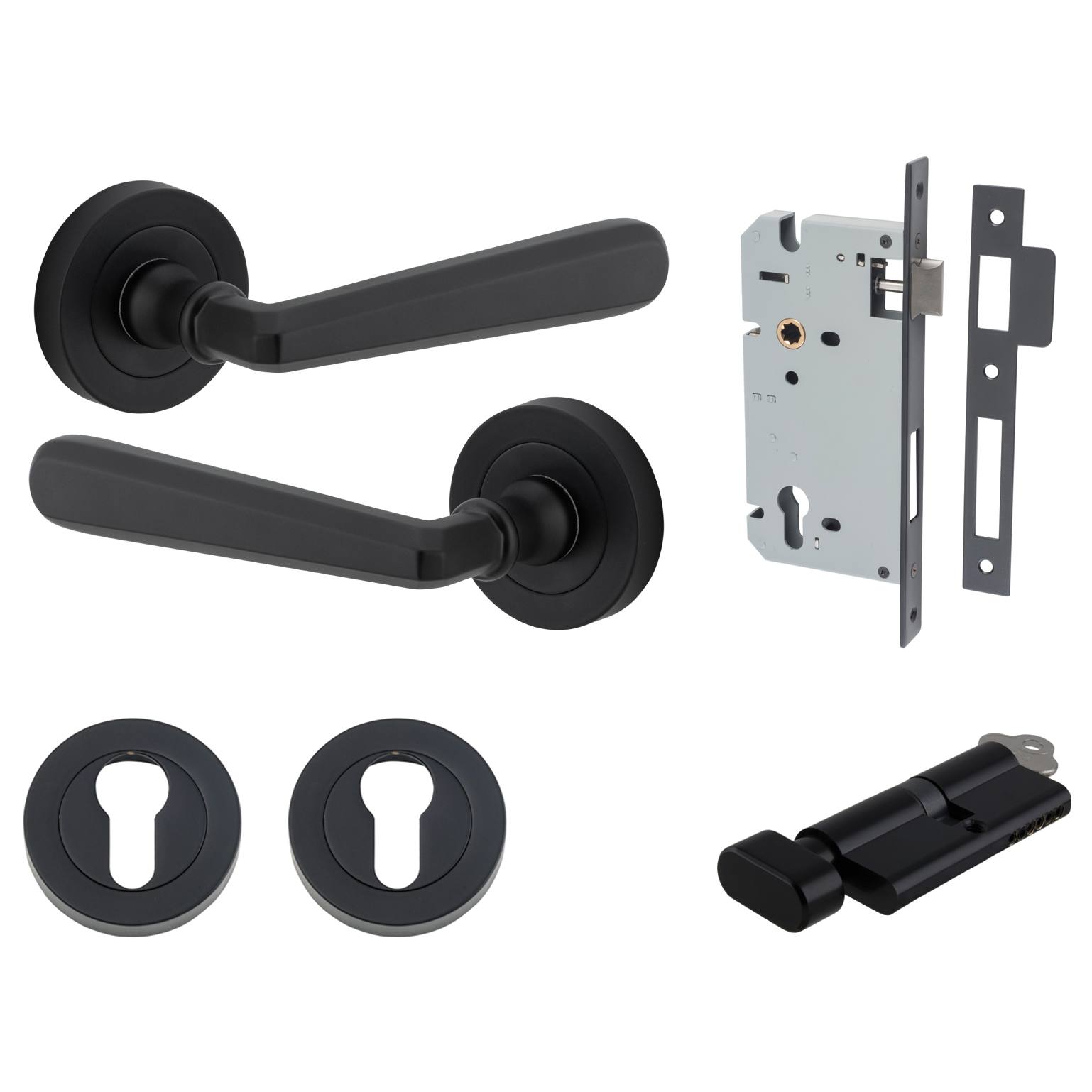 Copenhagen Lever Round Rose Entrance Kit w Separate High Security Lock Matt Black