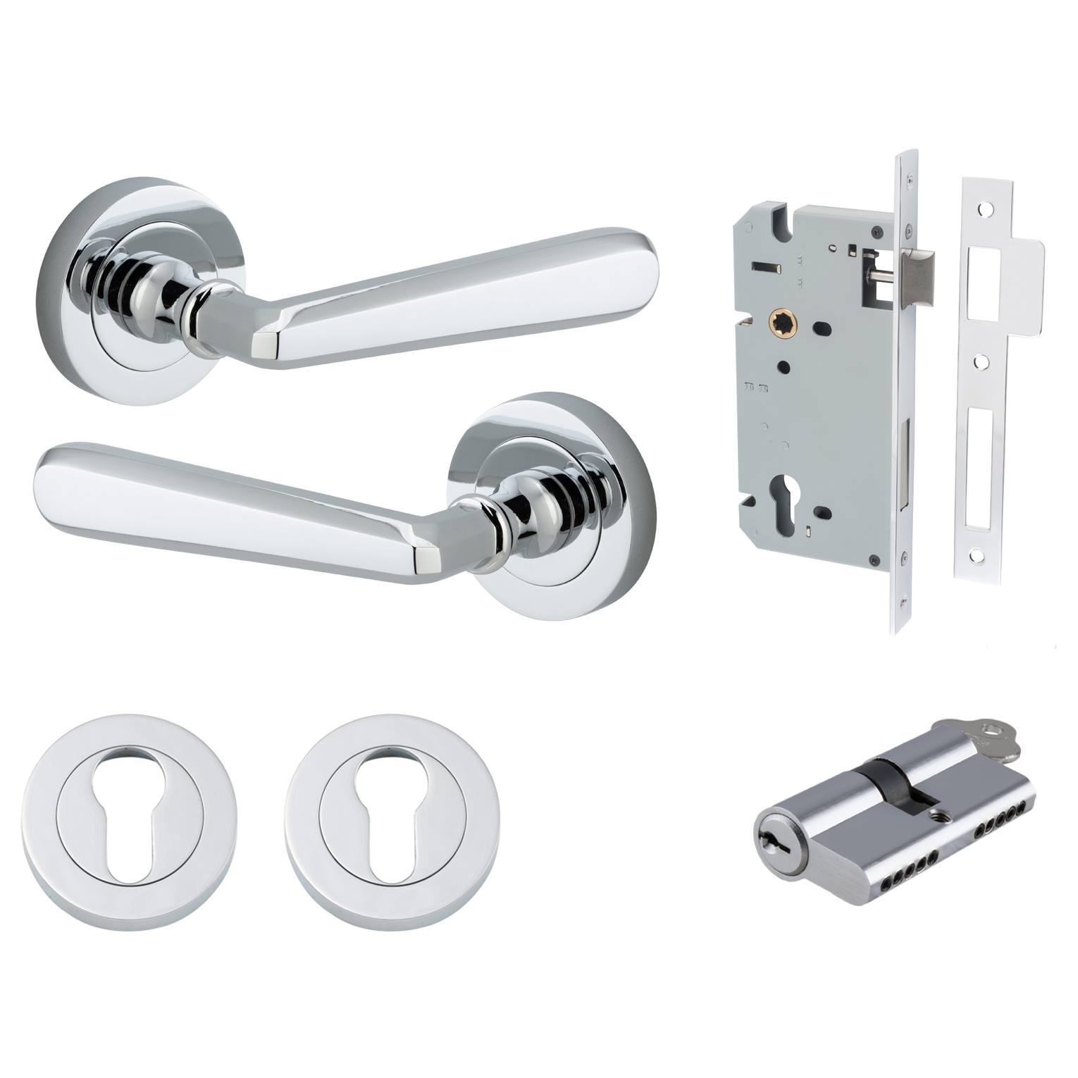 Copenhagen Lever Round Rose Entrance Kit w Separate High Security Lock Polished Chrome