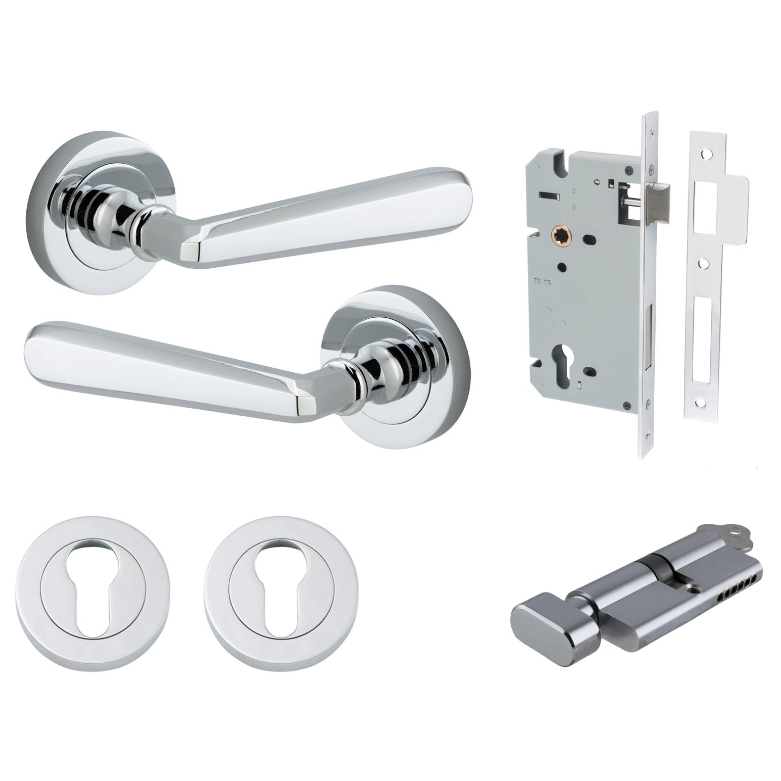 Copenhagen Lever Round Rose Entrance Kit w Separate High Security Lock Polished Chrome