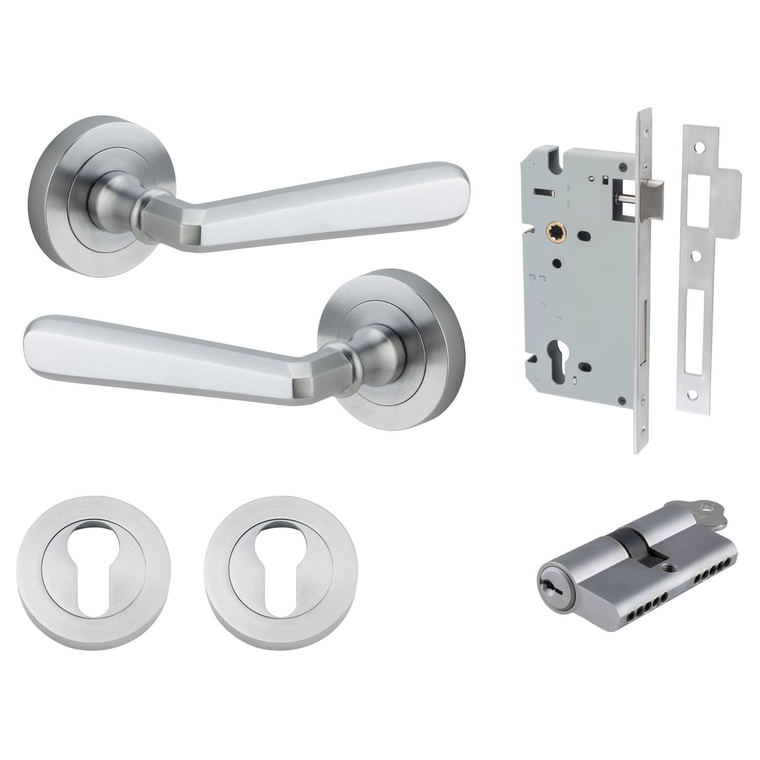 Copenhagen Lever Round Rose Entrance Kit w Separate High Security Lock Brushed Chrome