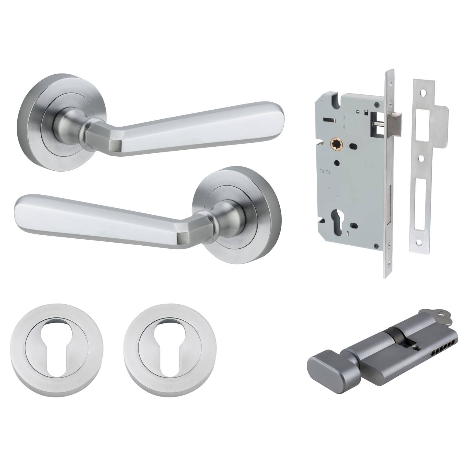 Copenhagen Lever Round Rose Entrance Kit w Separate High Security Lock Brushed Chrome
