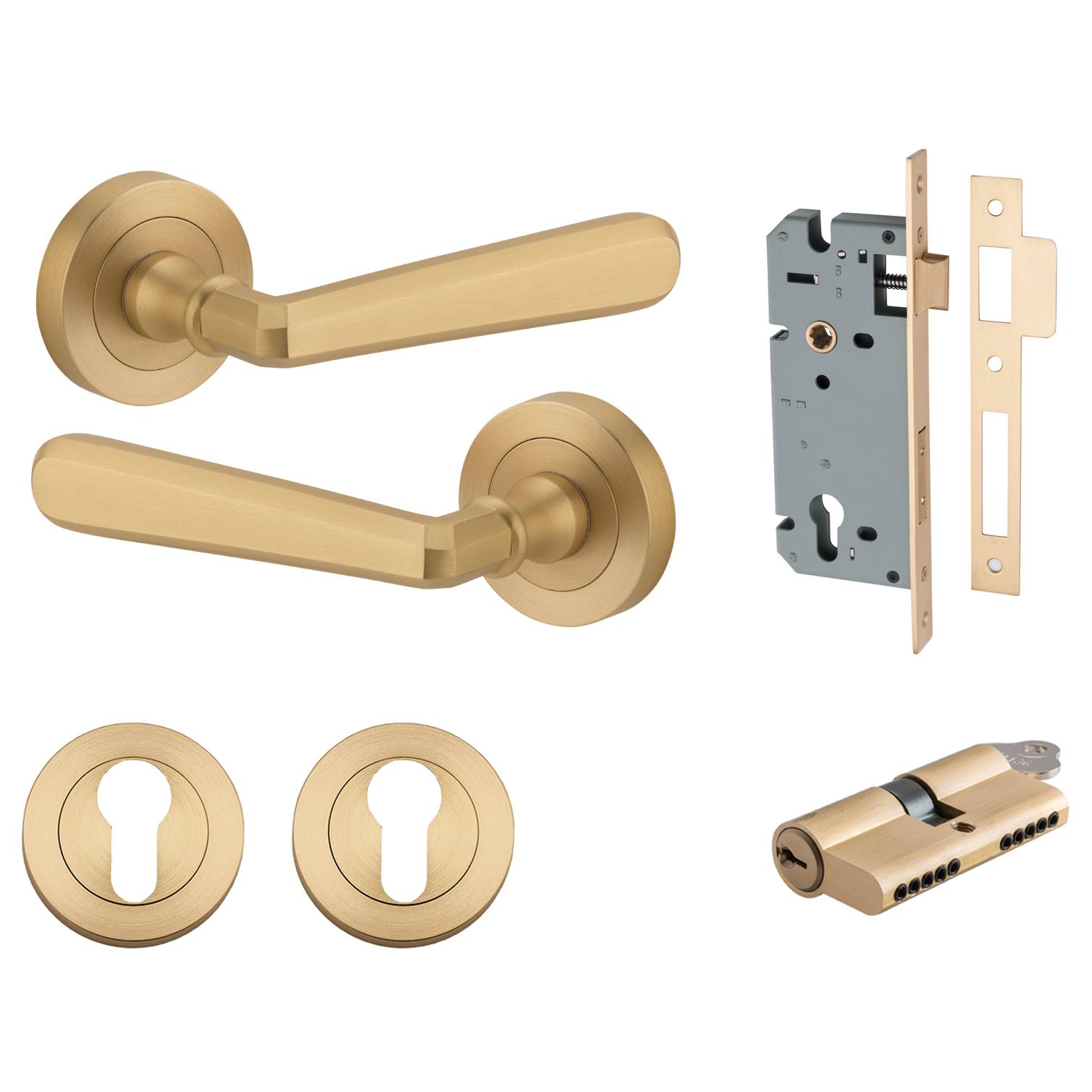 Copenhagen Lever Round Rose Entrance Kit w Separate High Security Lock Brushed Brass