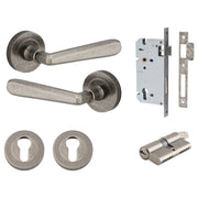 Copenhagen Lever Round Rose Entrance Kit w Separate High Security Lock Distressed Nickel