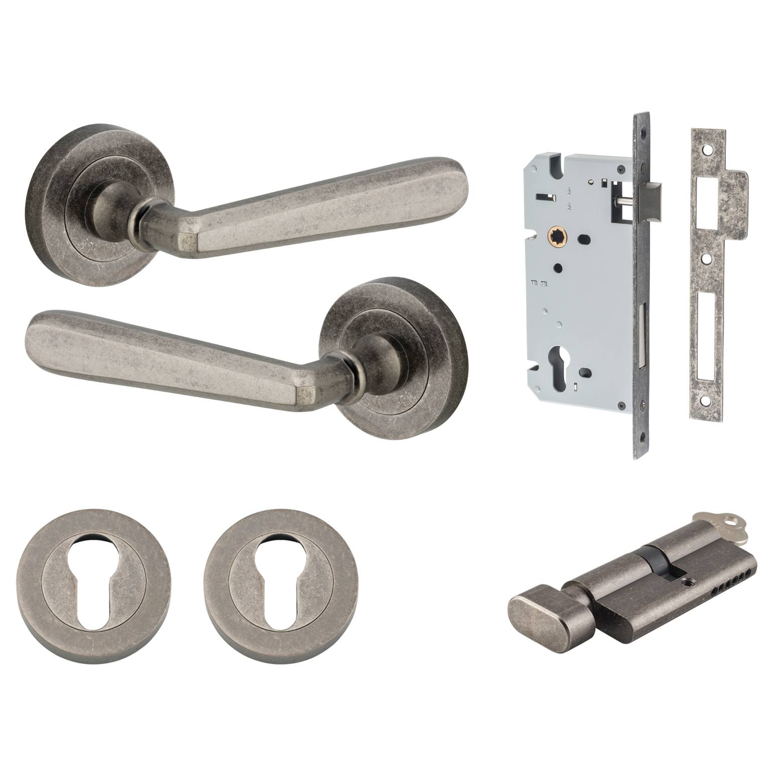 Copenhagen Lever Round Rose Entrance Kit w Separate High Security Lock Distressed Nickel