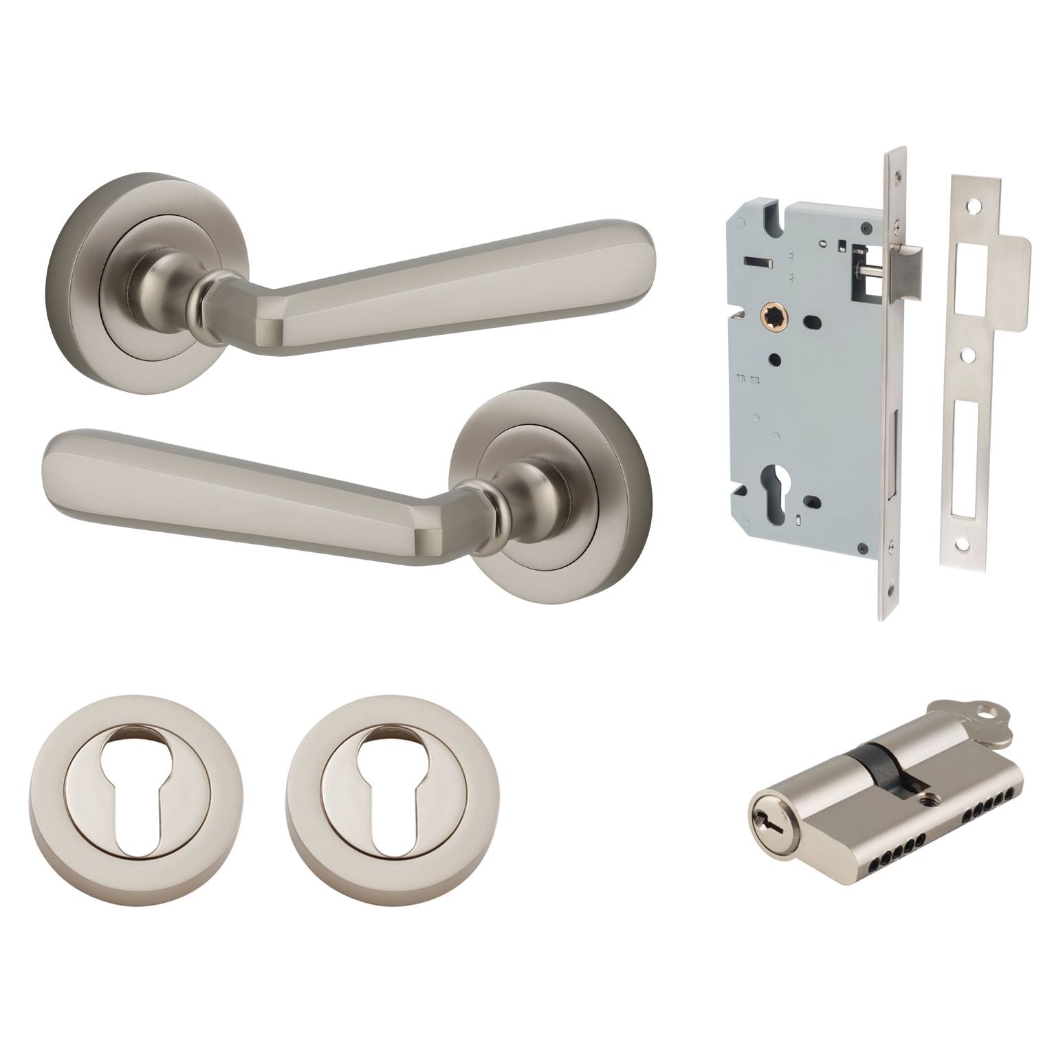 Copenhagen Lever Round Rose Entrance Kit w Separate High Security Lock Satin Nickel