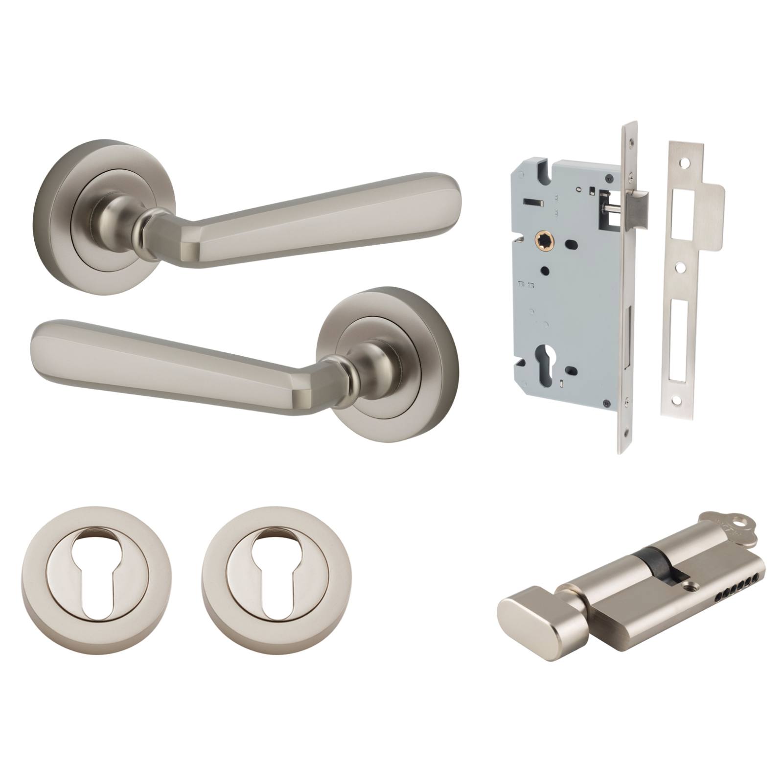 Copenhagen Lever Round Rose Entrance Kit w Separate High Security Lock Satin Nickel