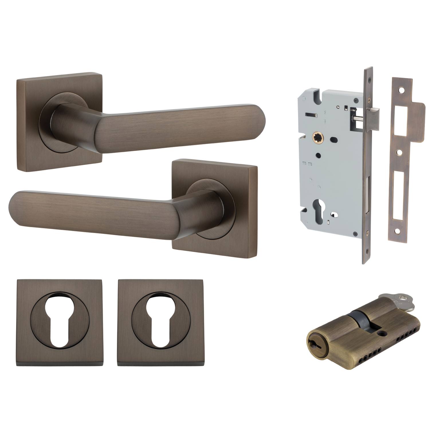 Osaka Lever Square Rose Entrance Kit w Separate High Security Lock Signature Brass