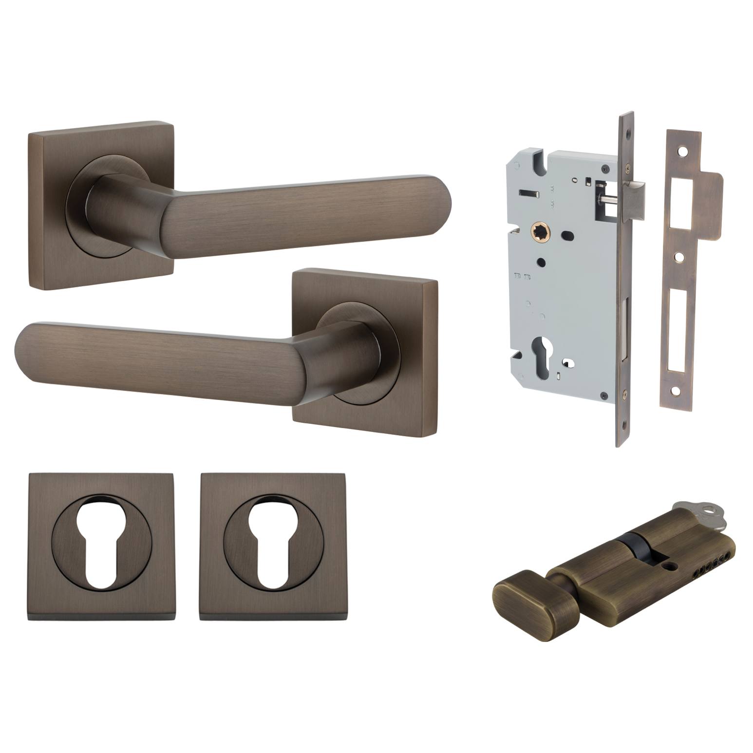 Osaka Lever Square Rose Entrance Kit w Separate High Security Lock Signature Brass