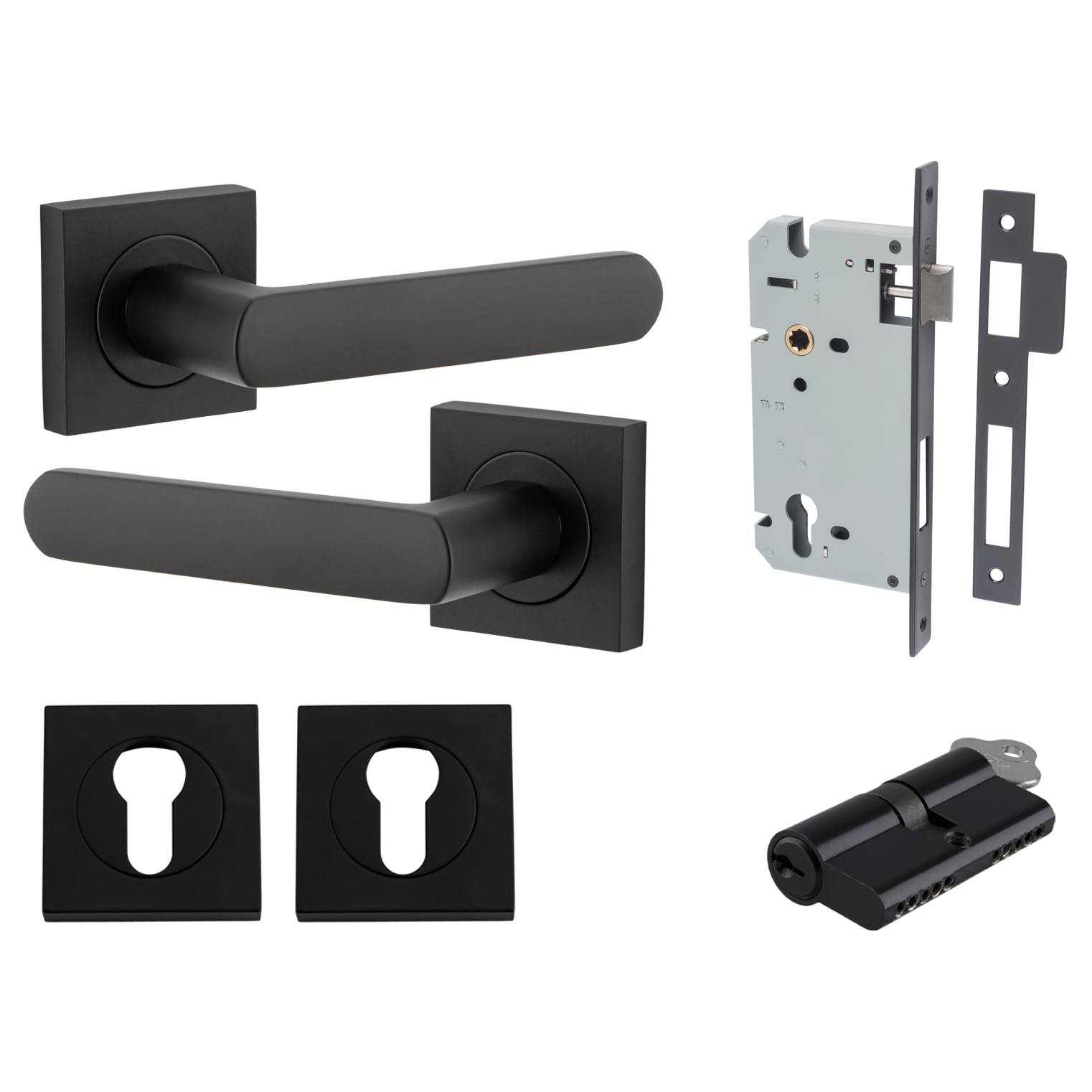 Osaka Lever Square Rose Entrance Kit w Separate High Security Lock Matt Black