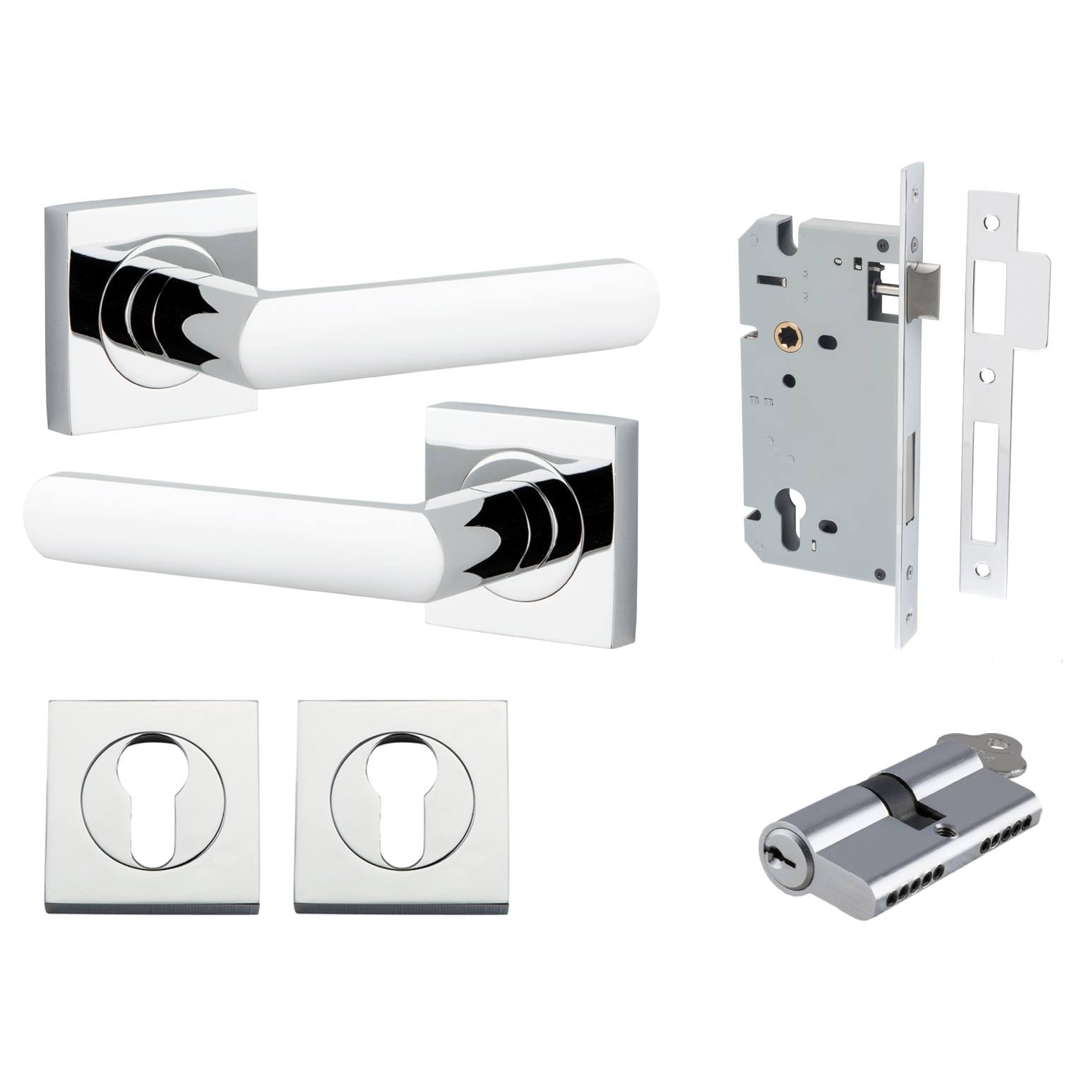 Osaka Lever Square Rose Entrance Kit w Separate High Security Lock Polished Chrome
