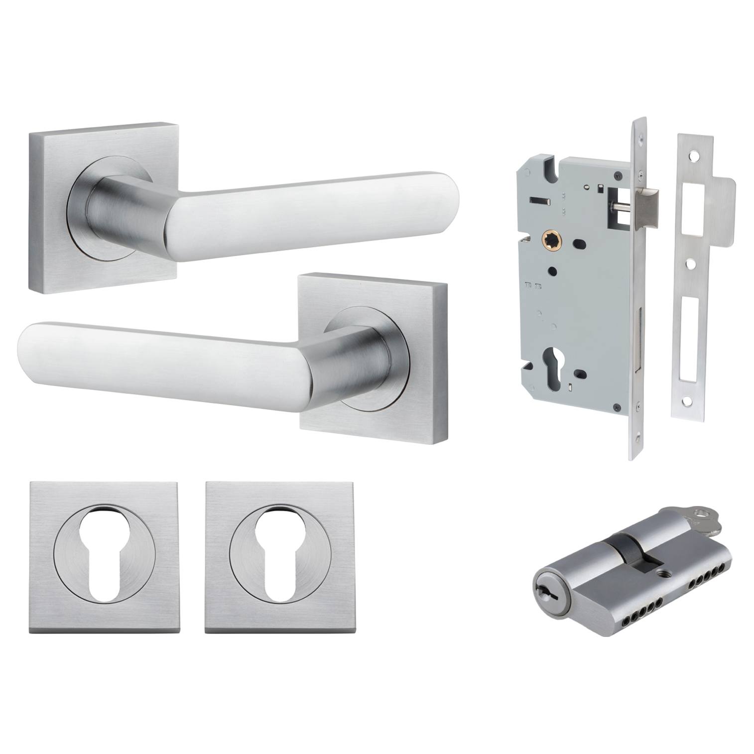 Osaka Lever Square Rose Entrance Kit w Separate High Security Lock Brushed Chrome