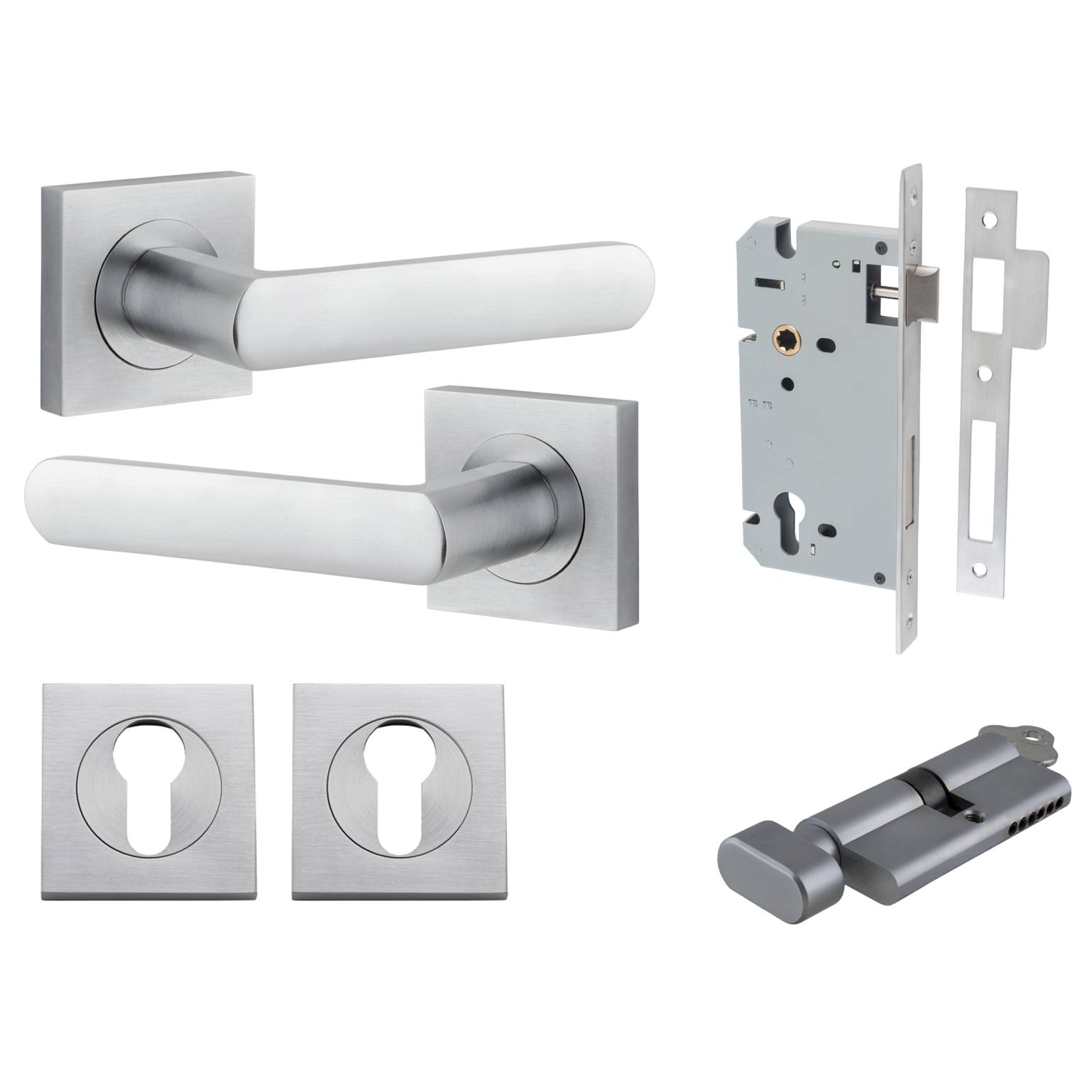 Osaka Lever Square Rose Entrance Kit w Separate High Security Lock Brushed Chrome