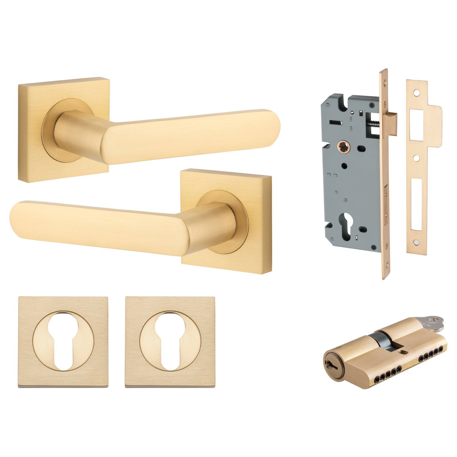 Osaka Lever Square Rose Entrance Kit w Separate High Security Lock Brushed Brass