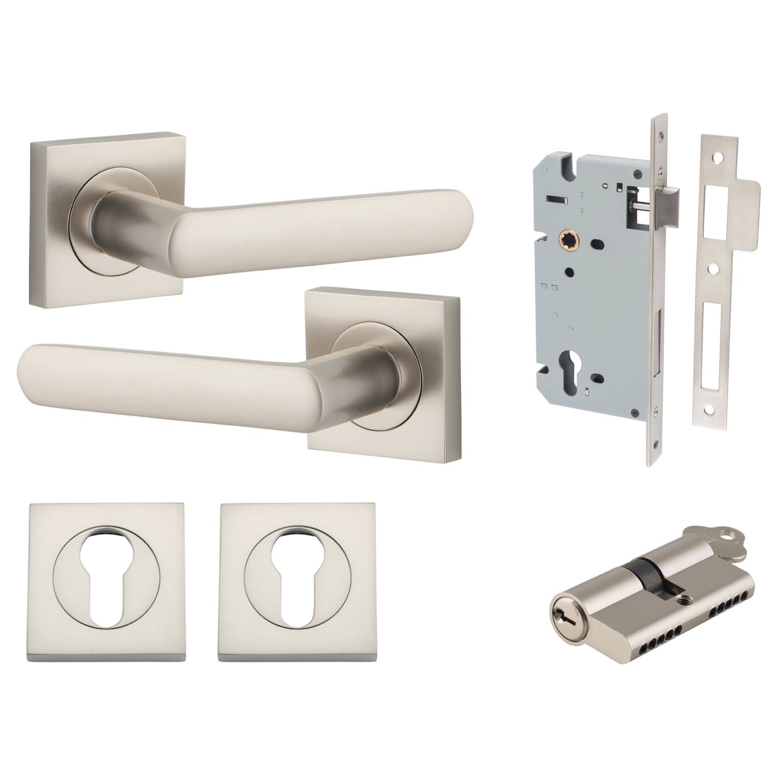 Osaka Lever Square Rose Entrance Kit w Separate High Security Lock Satin Nickel