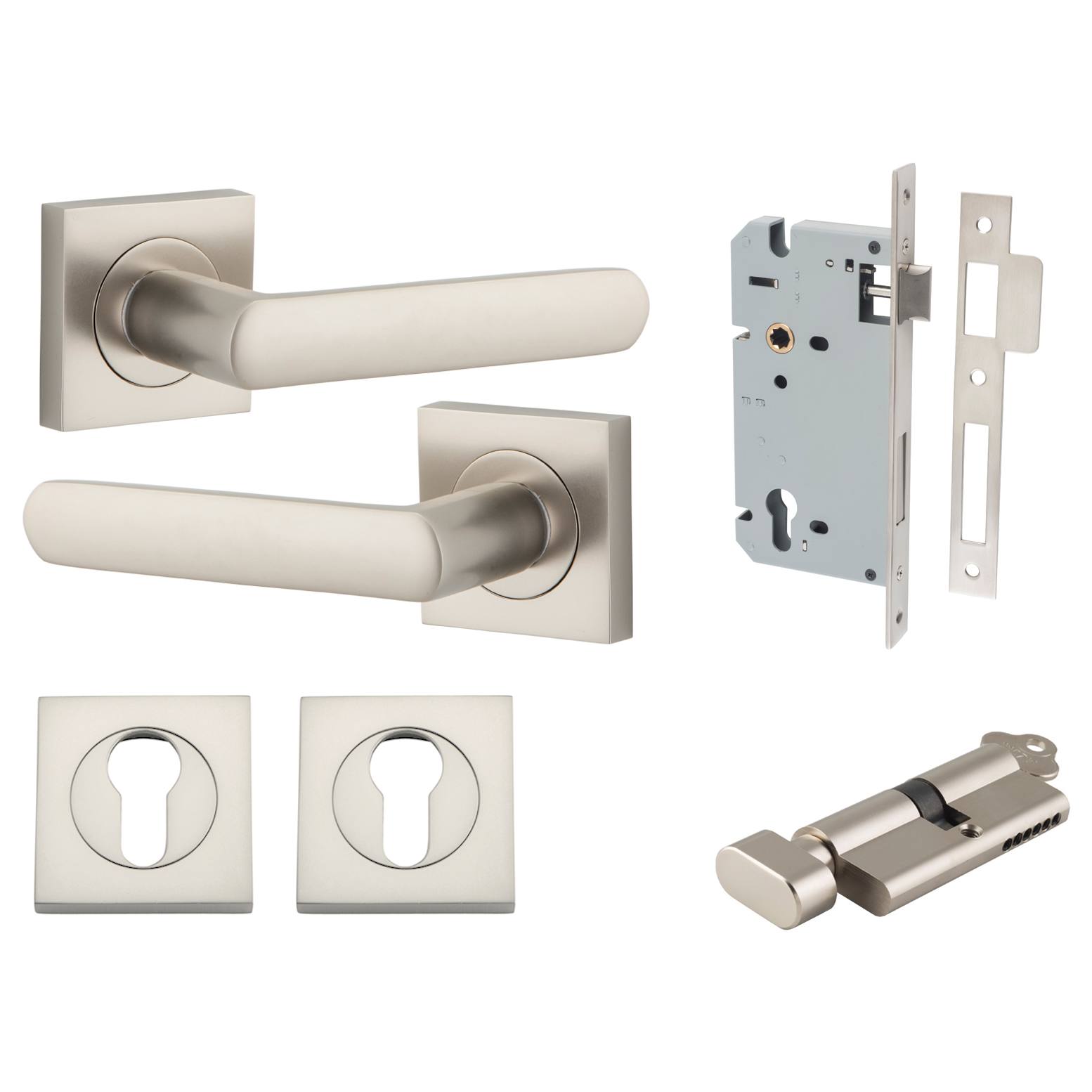 Osaka Lever Square Rose Entrance Kit w Separate High Security Lock Satin Nickel