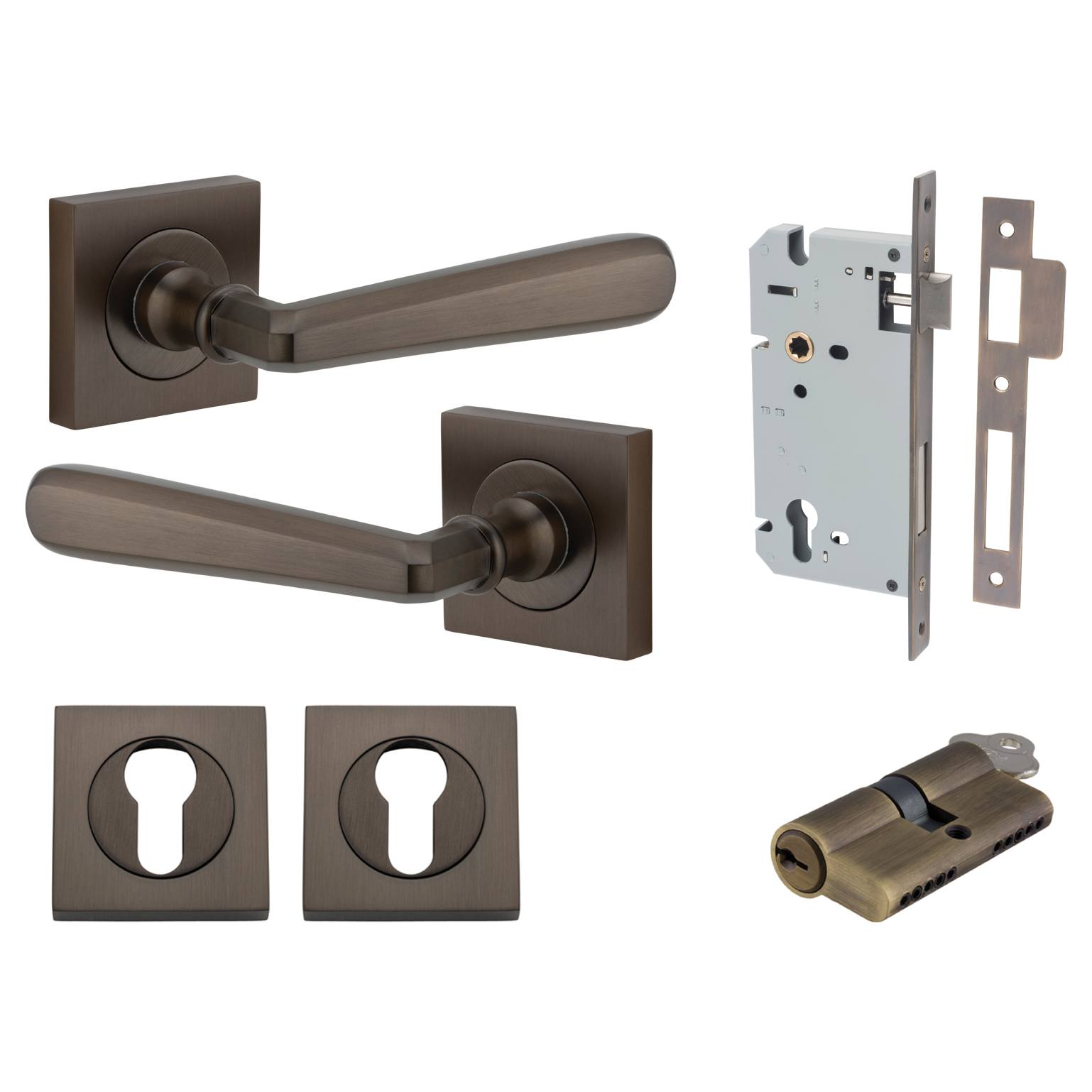 Copenhagen Lever Square Rose Entrance Kit w Separate High Security Lock Signature Brass