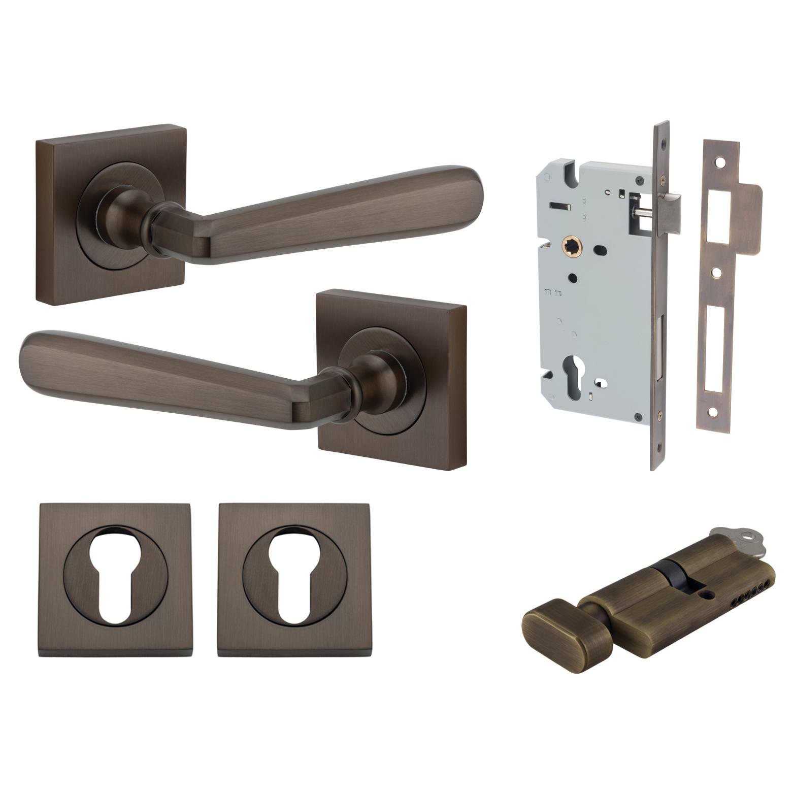 Copenhagen Lever Square Rose Entrance Kit w Separate High Security Lock Signature Brass