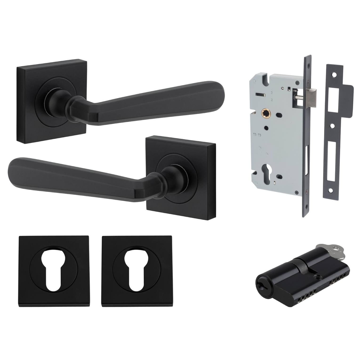 Copenhagen Lever Square Rose Entrance Kit w Separate High Security Lock Matt Black