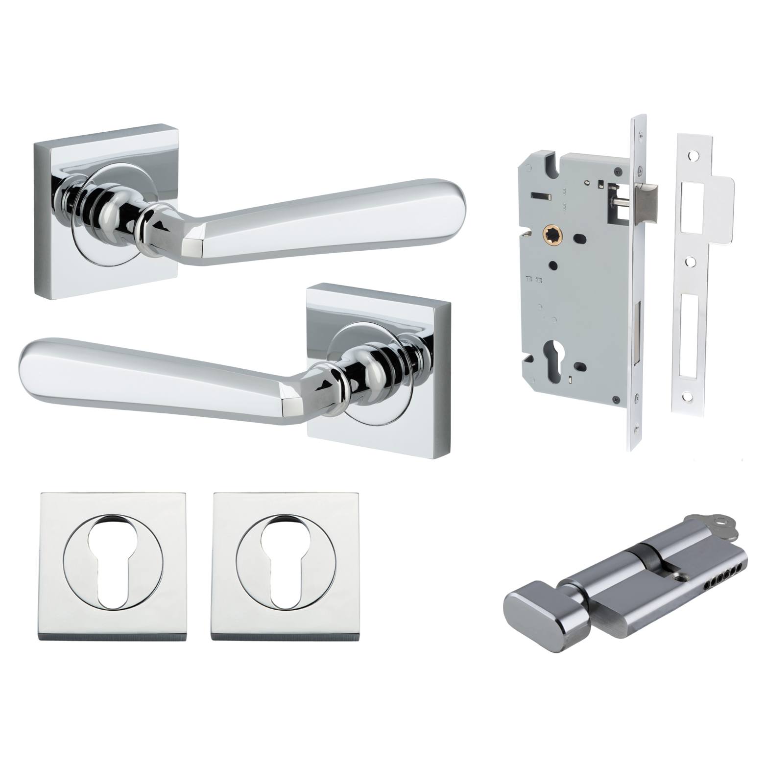 Copenhagen Lever Square Rose Entrance Kit w Separate High Security Lock Polished Chrome