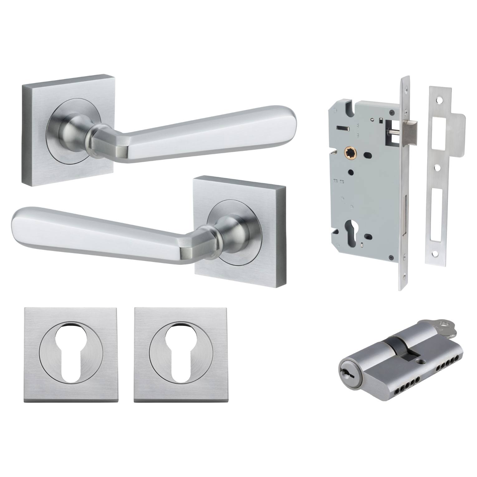 Copenhagen Lever Square Rose Entrance Kit w Separate High Security Lock Brushed Chrome