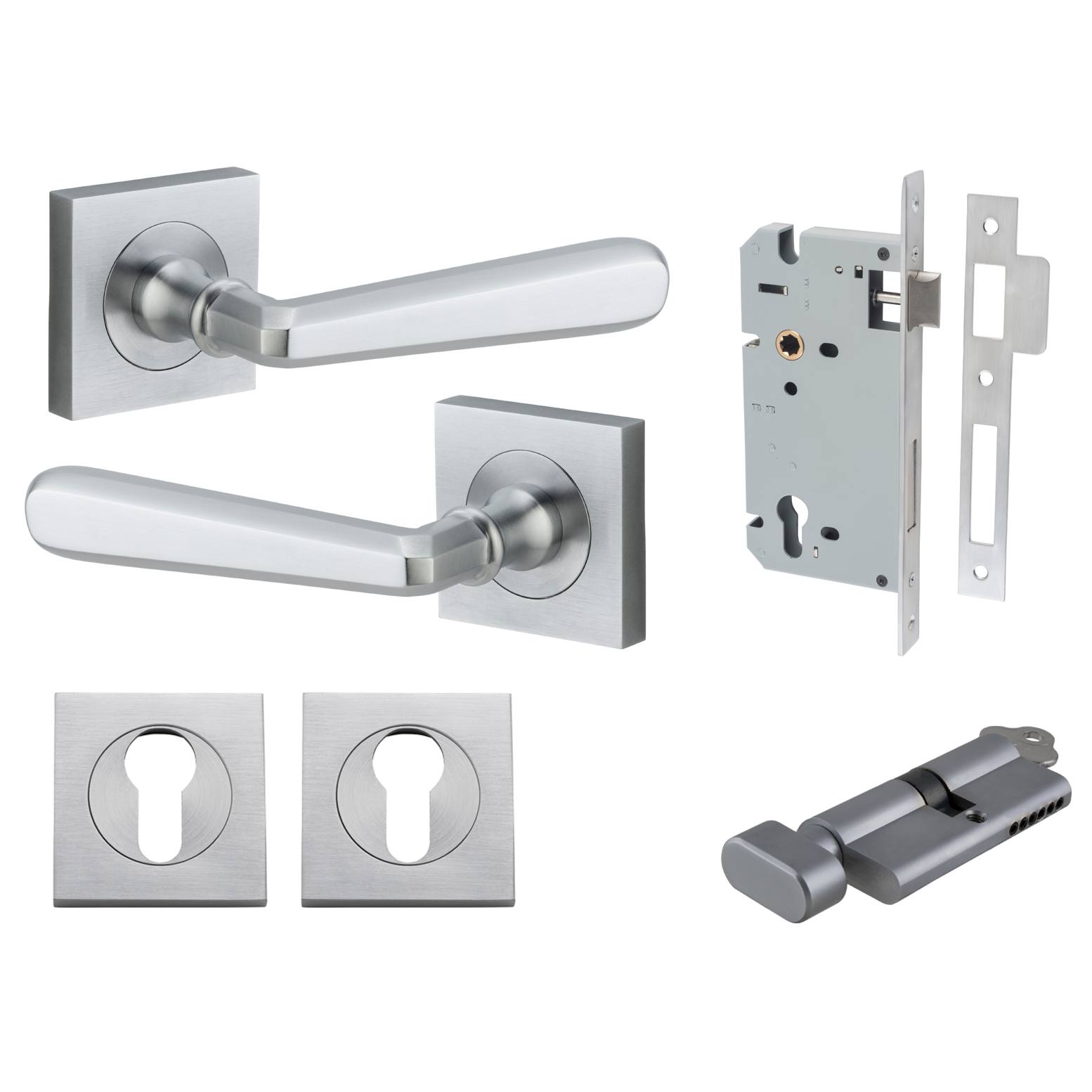 Copenhagen Lever Square Rose Entrance Kit w Separate High Security Lock Brushed Chrome