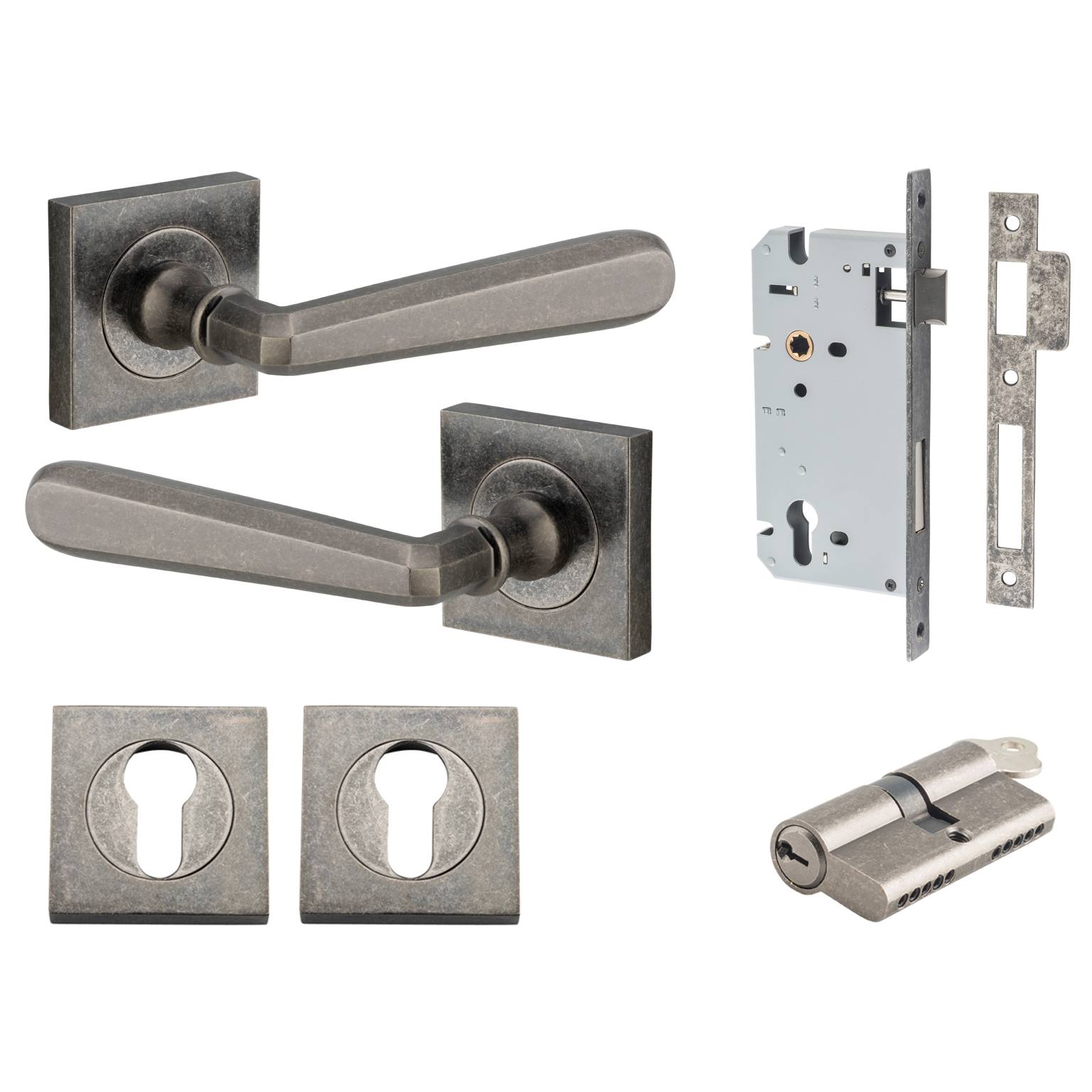 Copenhagen Lever Square Rose Entrance Kit w Separate High Security Lock Distressed Nickel