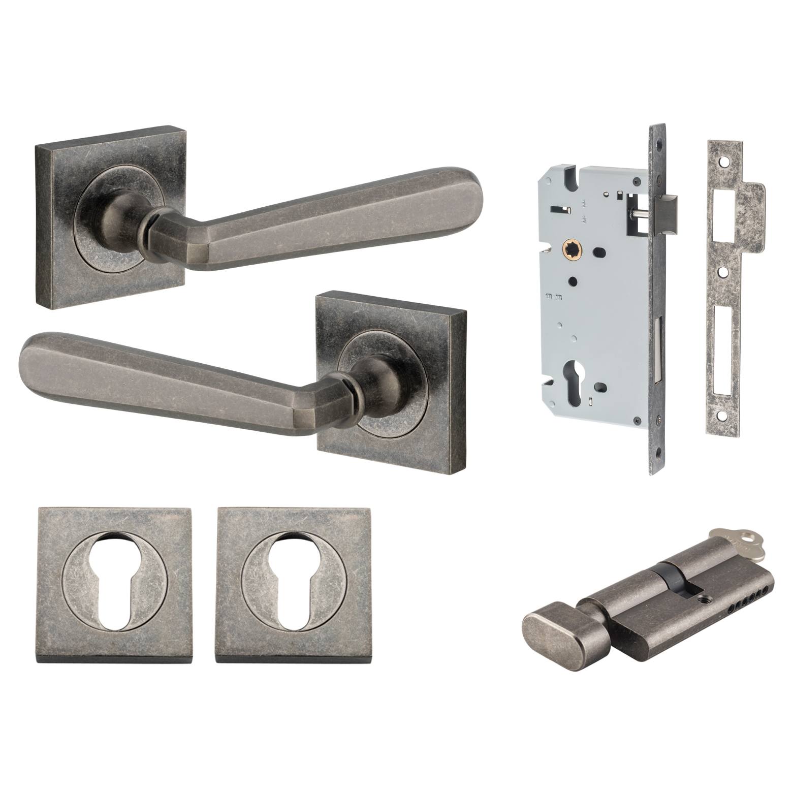 Copenhagen Lever Square Rose Entrance Kit w Separate High Security Lock Distressed Nickel