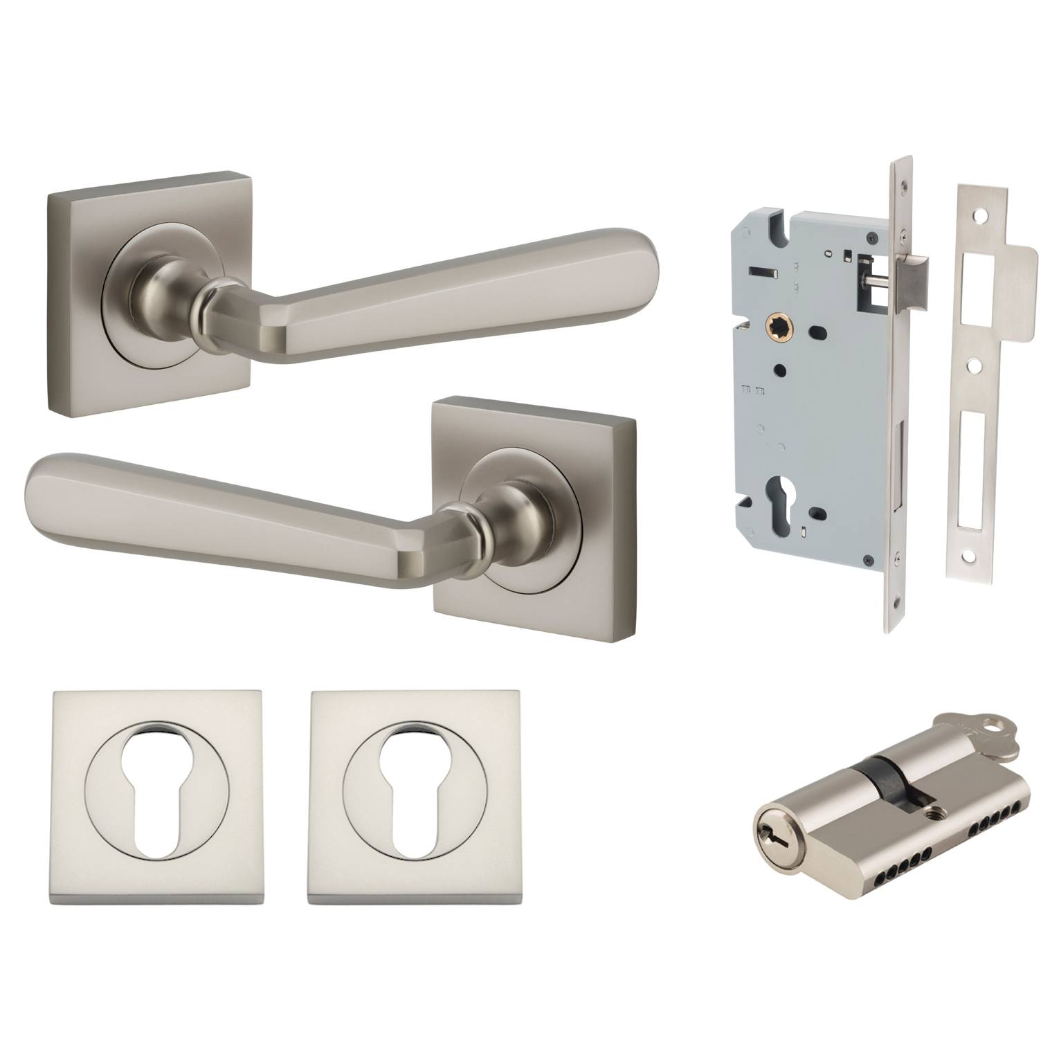 Copenhagen Lever Square Rose Entrance Kit w Separate High Security Lock Satin Nickel