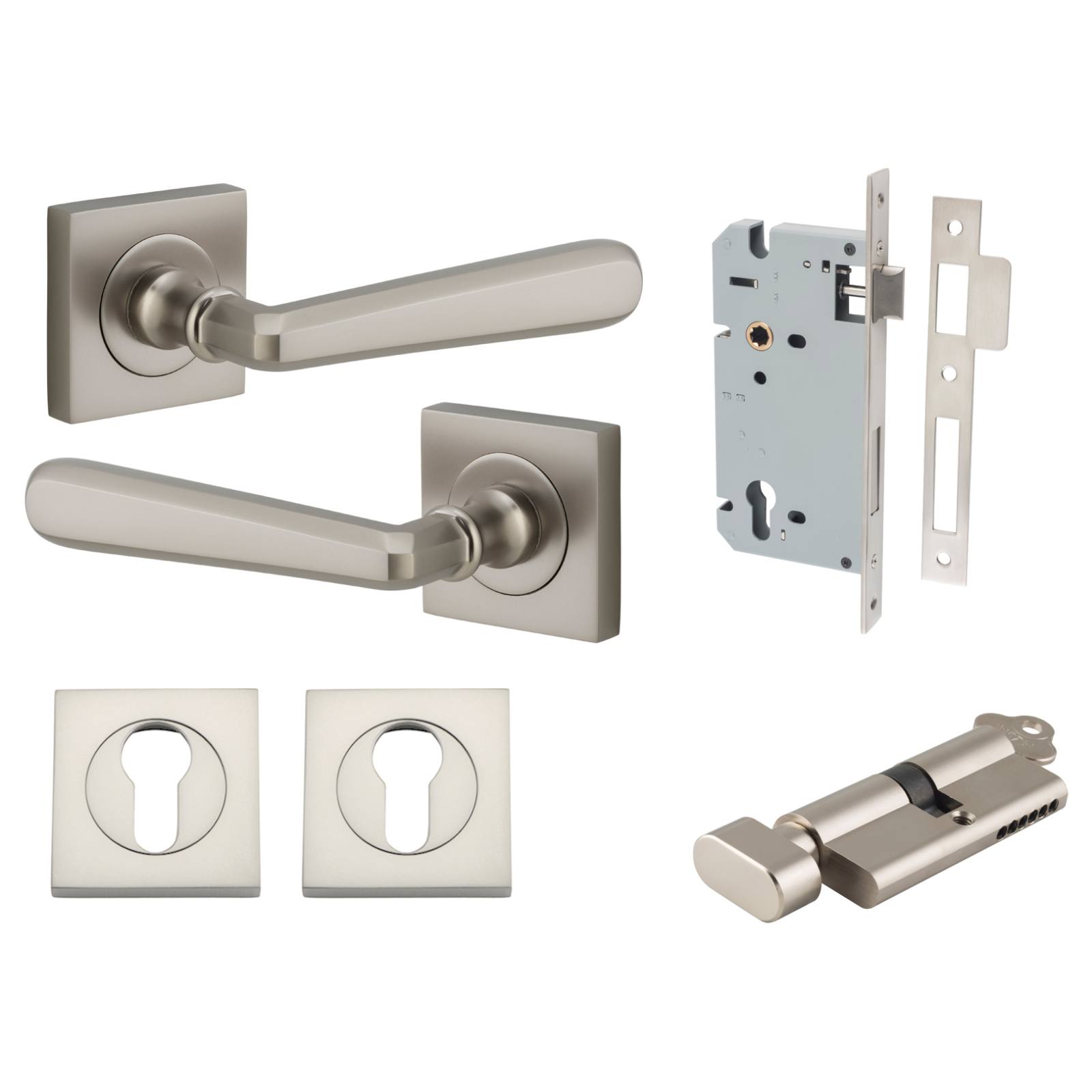Copenhagen Lever Square Rose Entrance Kit w Separate High Security Lock Satin Nickel