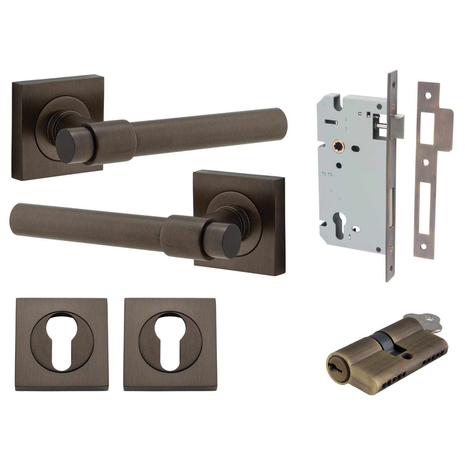 Helsinki Lever Square Rose Entrance Kit w Separate High Security Lock Signature Brass