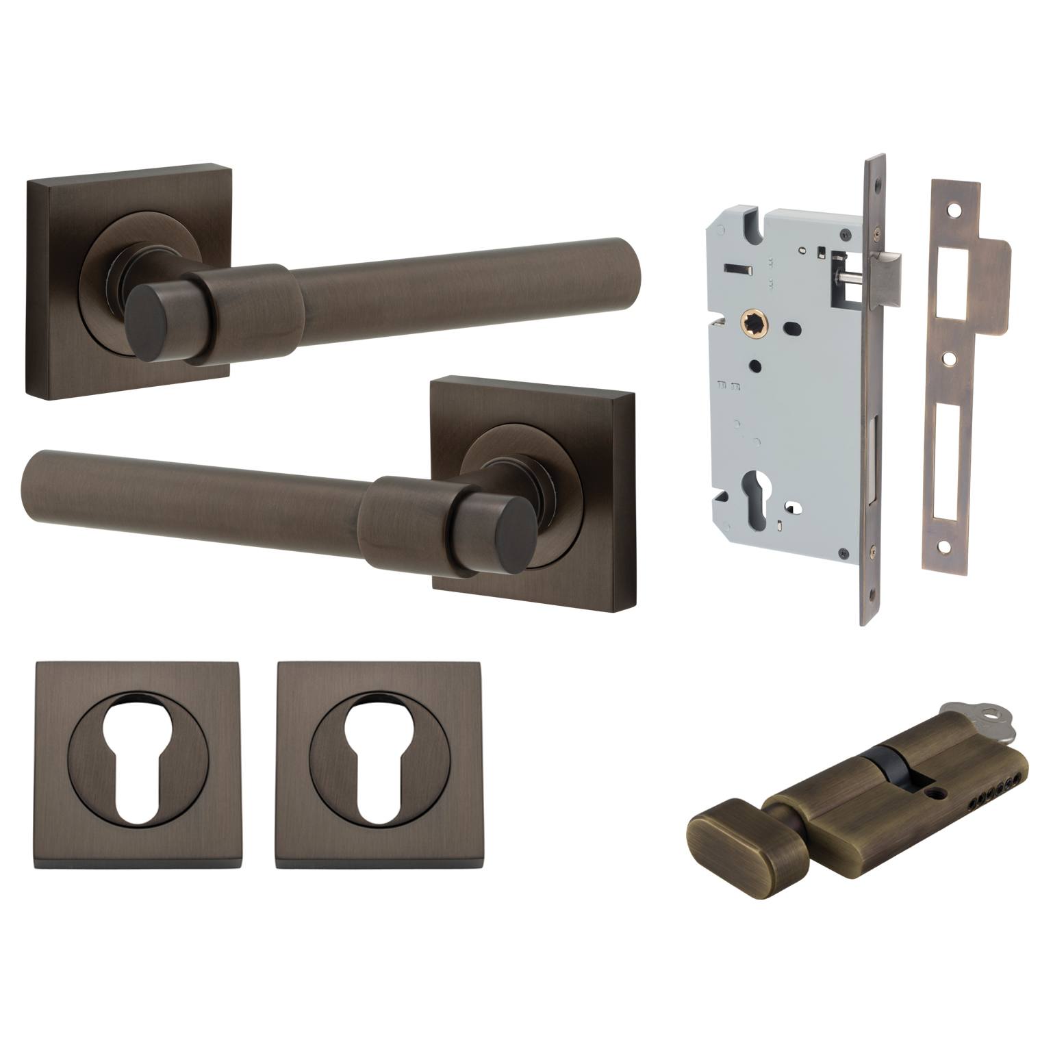 Helsinki Lever Square Rose Entrance Kit w Separate High Security Lock Signature Brass