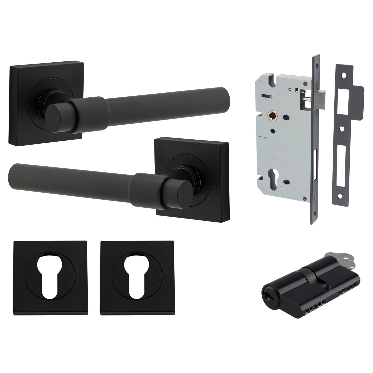 Helsinki Lever Square Rose Entrance Kit w Separate High Security Lock Matt Black