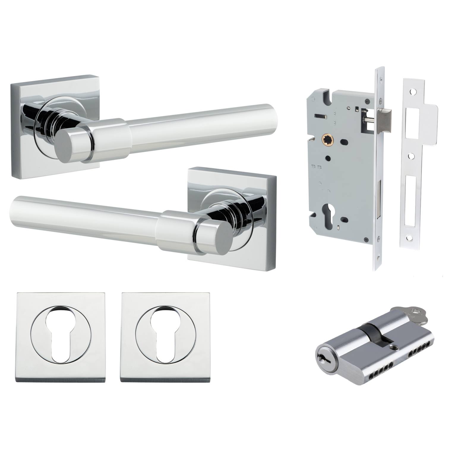 Helsinki Lever Square Rose Entrance Kit w Separate High Security Lock Polished Chrome