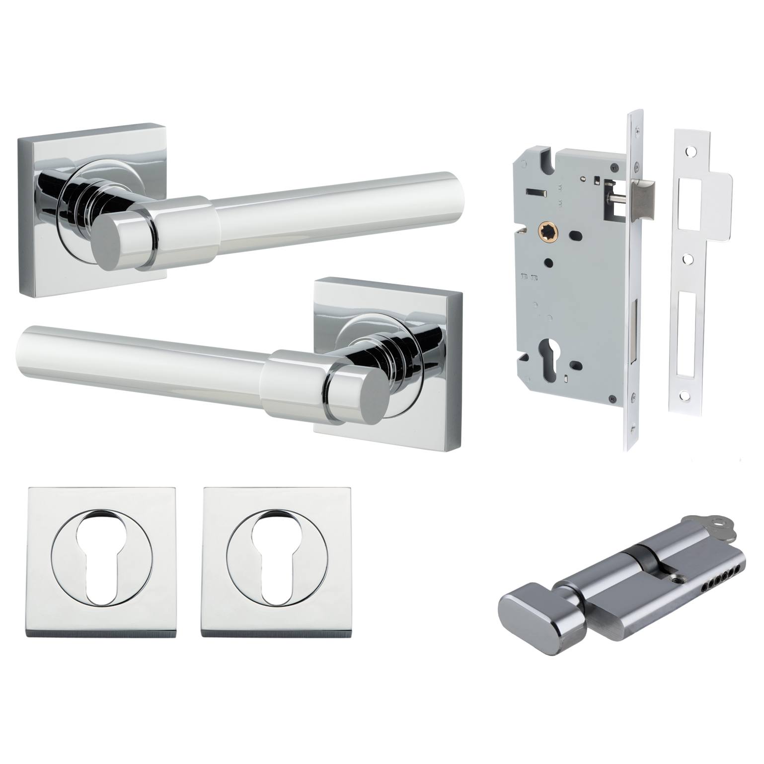 Helsinki Lever Square Rose Entrance Kit w Separate High Security Lock Polished Chrome