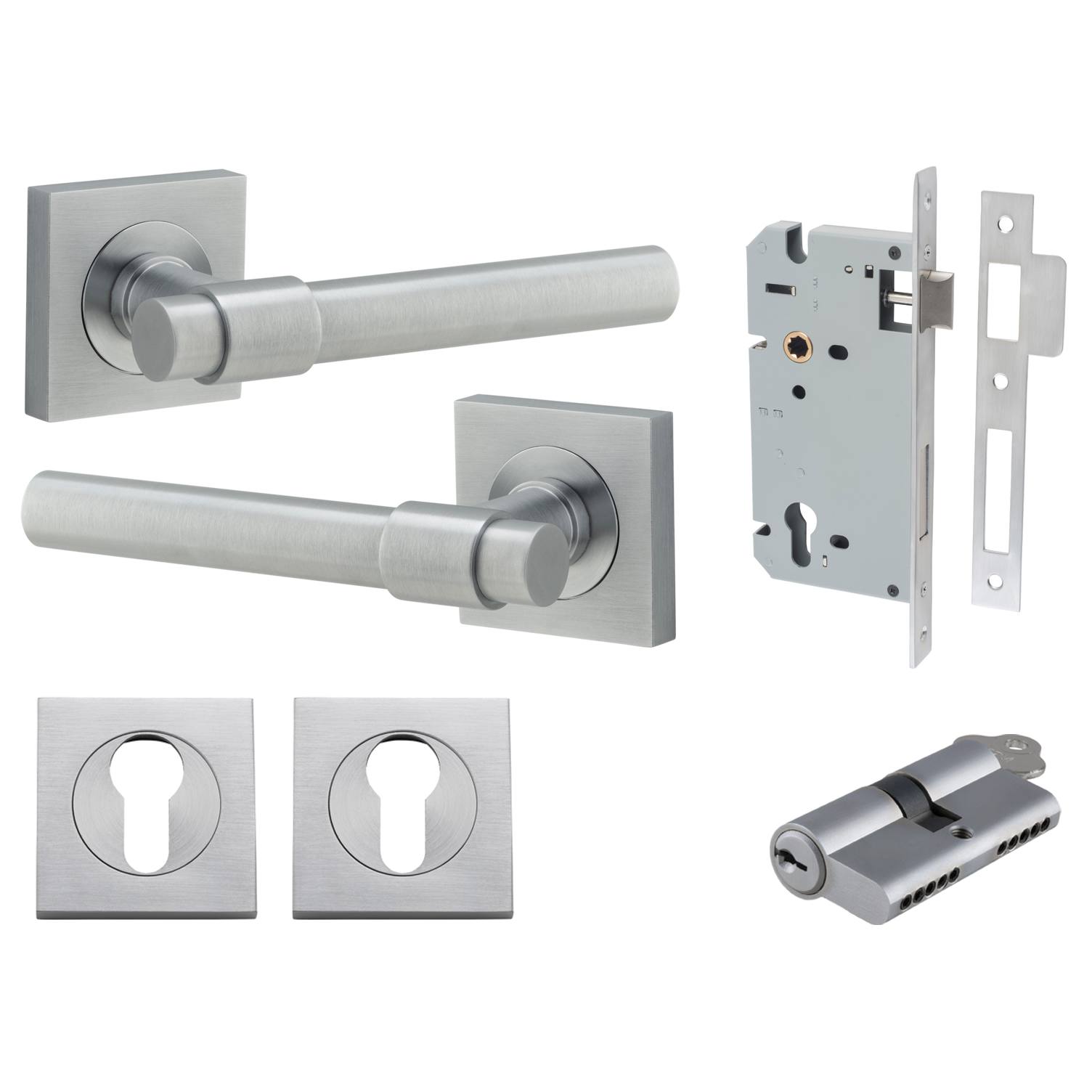 Helsinki Lever Square Rose Entrance Kit w Separate High Security Lock Brushed Chrome