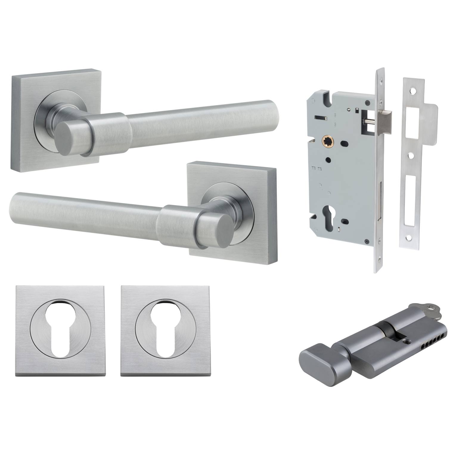 Helsinki Lever Square Rose Entrance Kit w Separate High Security Lock Brushed Chrome