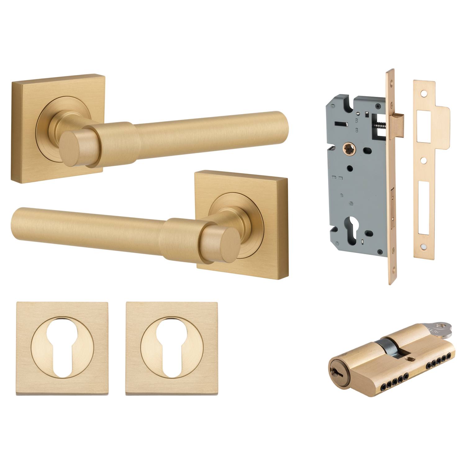 Helsinki Lever Square Rose Entrance Kit w Separate High Security Lock Brushed Brass