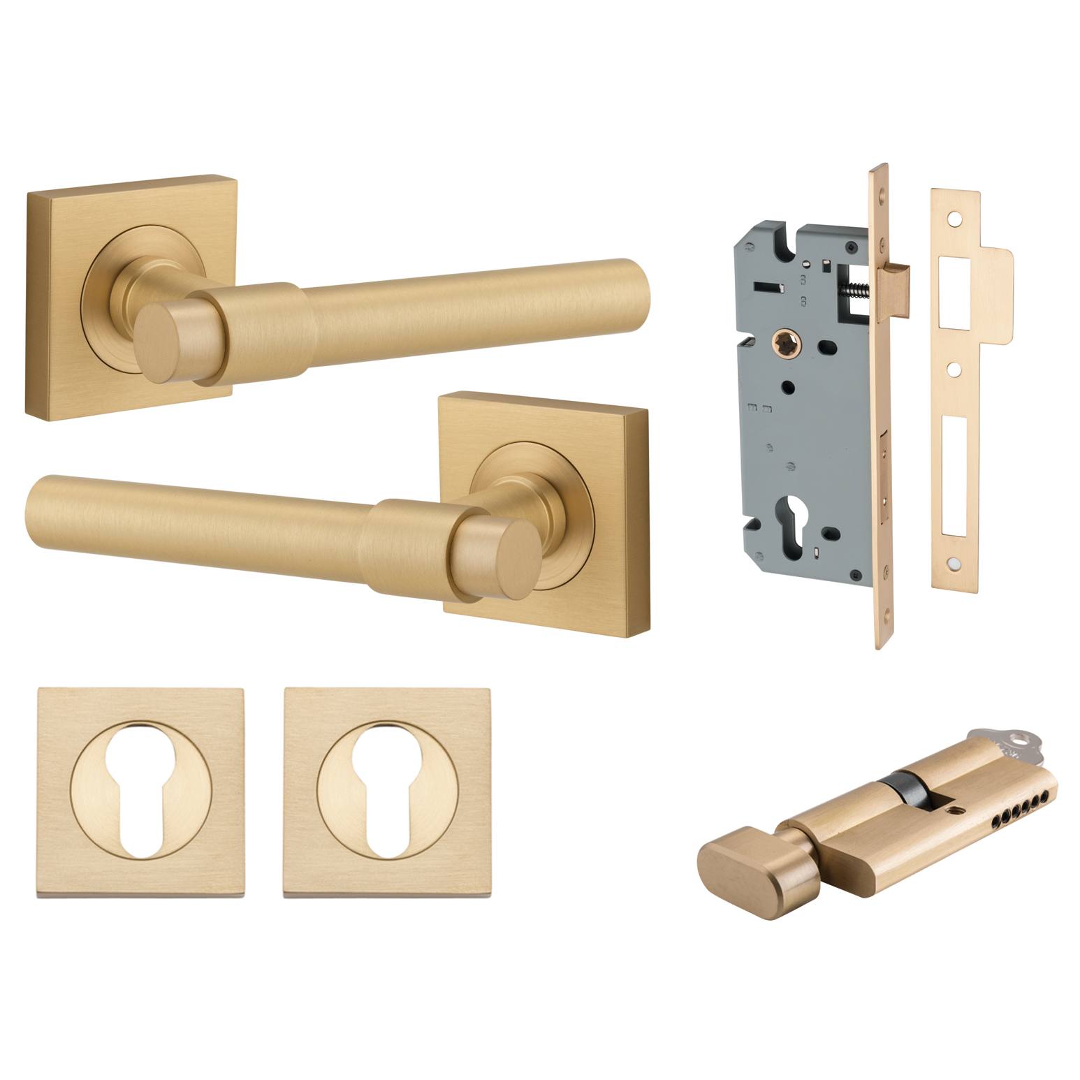 Helsinki Lever Square Rose Entrance Kit w Separate High Security Lock Brushed Brass